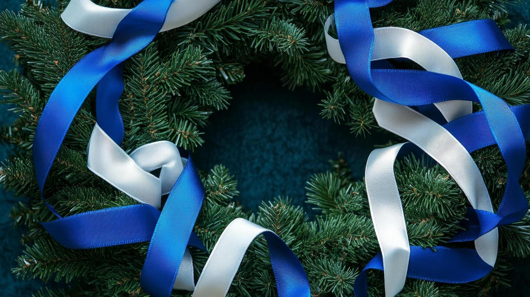 A wreath with blue and white ribbons on it photo