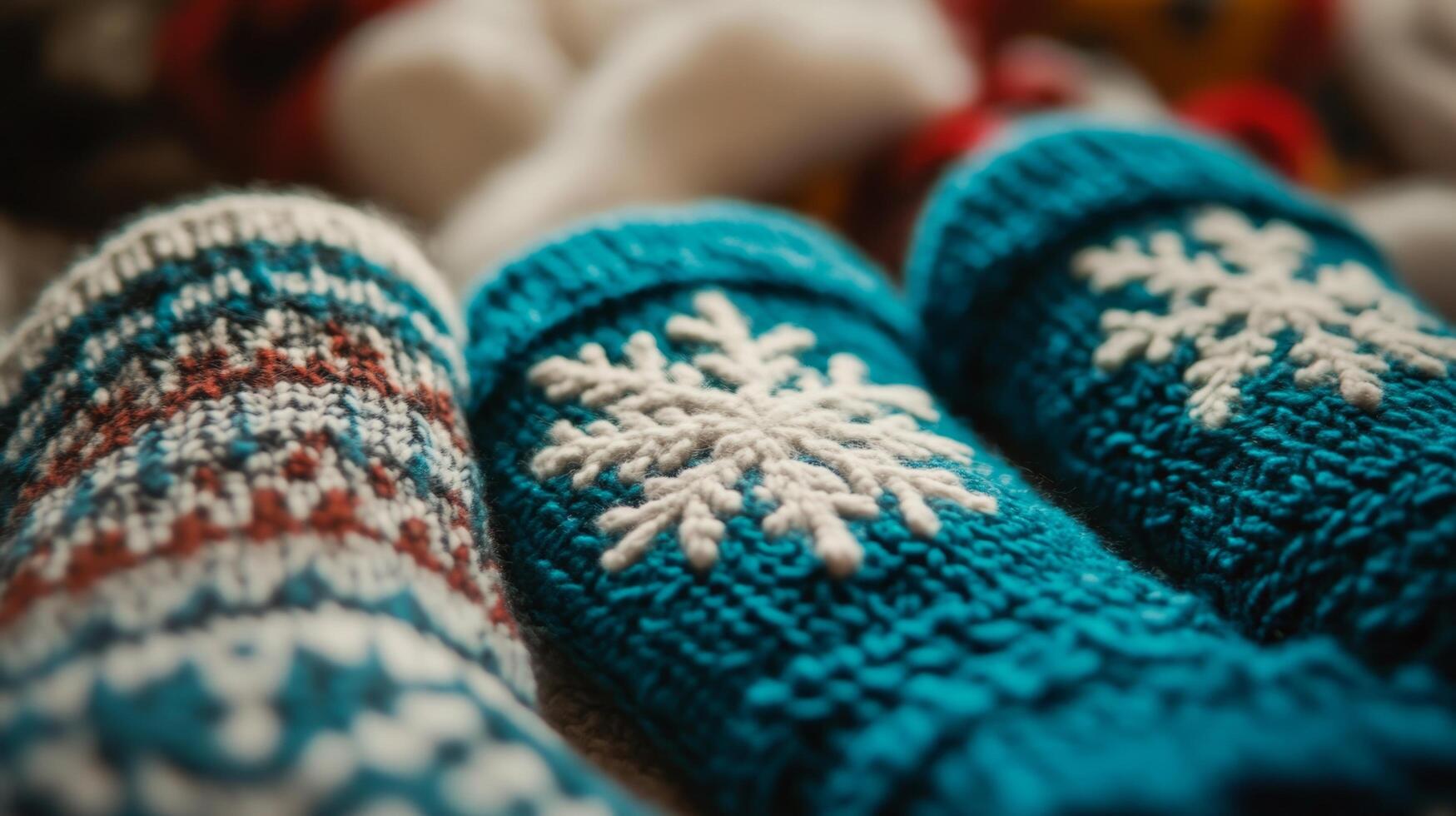 Two pairs of knitted mittens with snowflakes on them photo