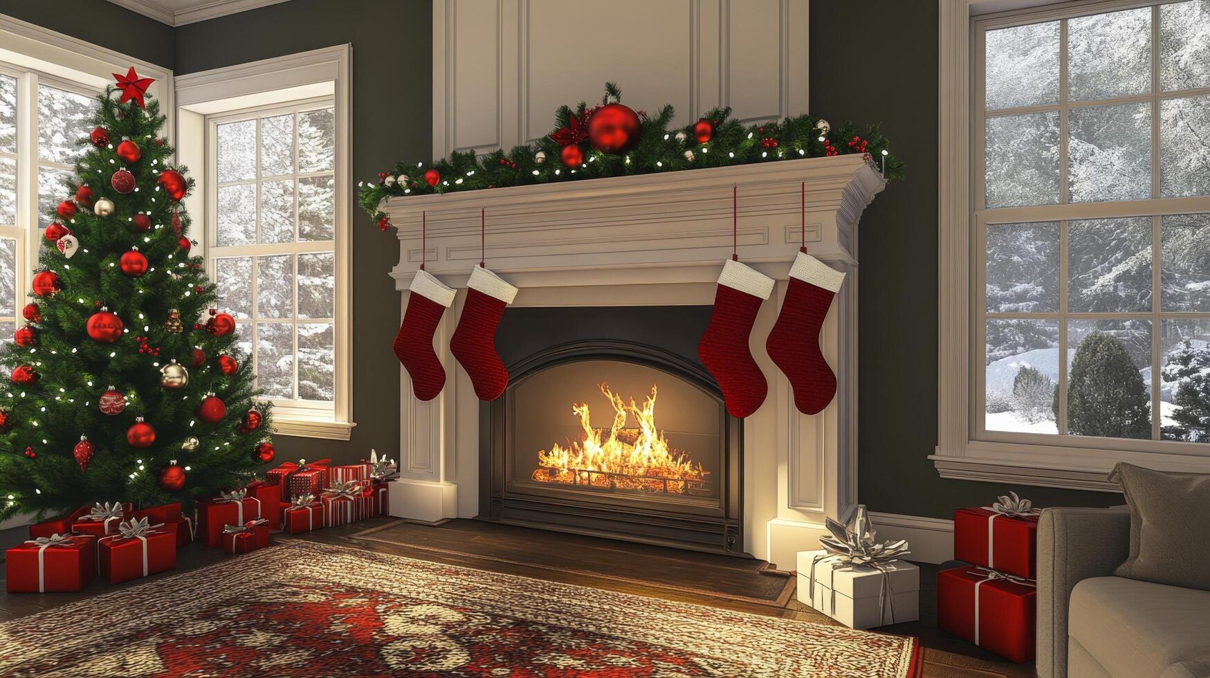 A fireplace with stockings hanging on the mantle photo