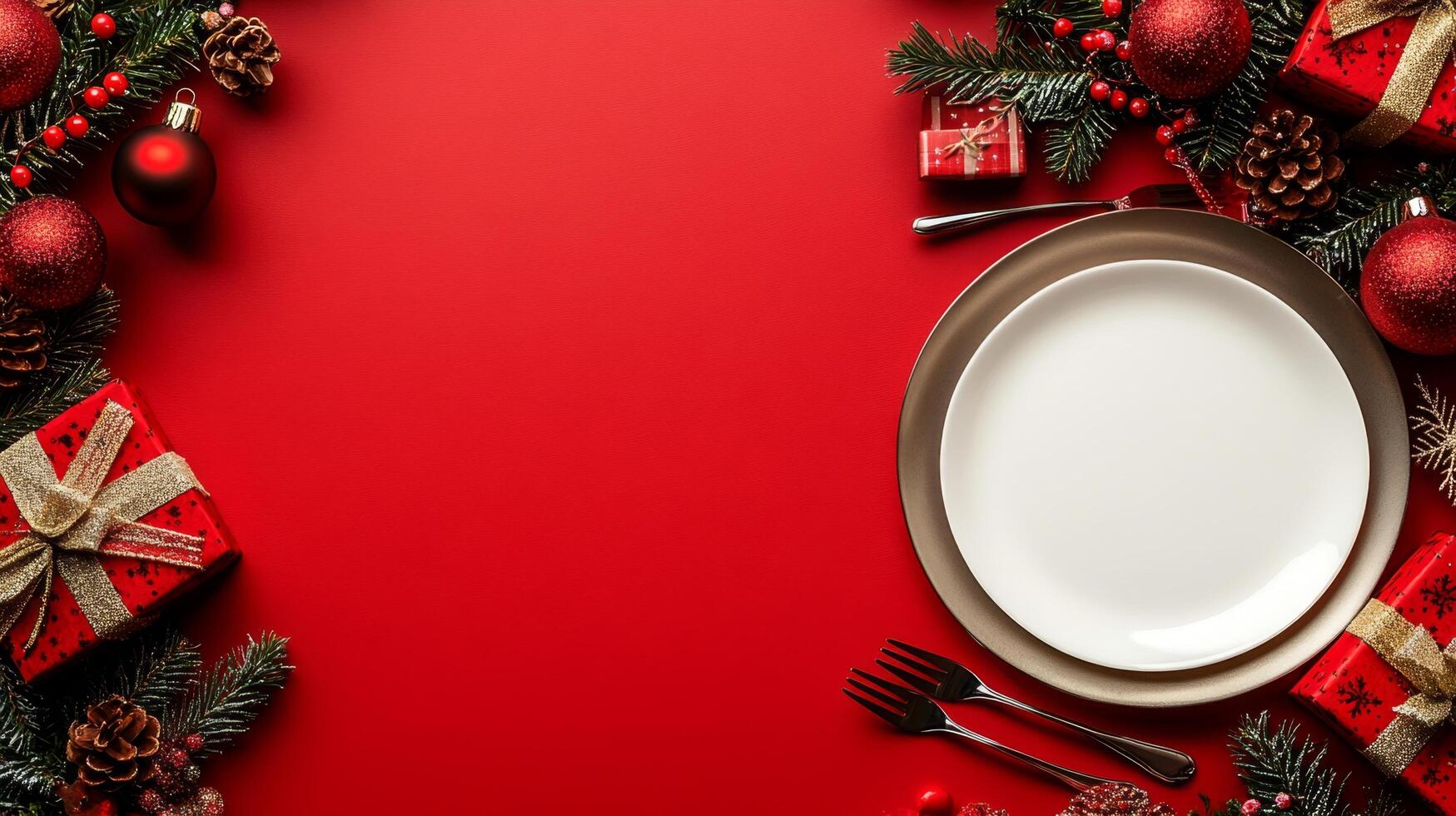 Christmas dinner table with christmas decorations and a plate photo