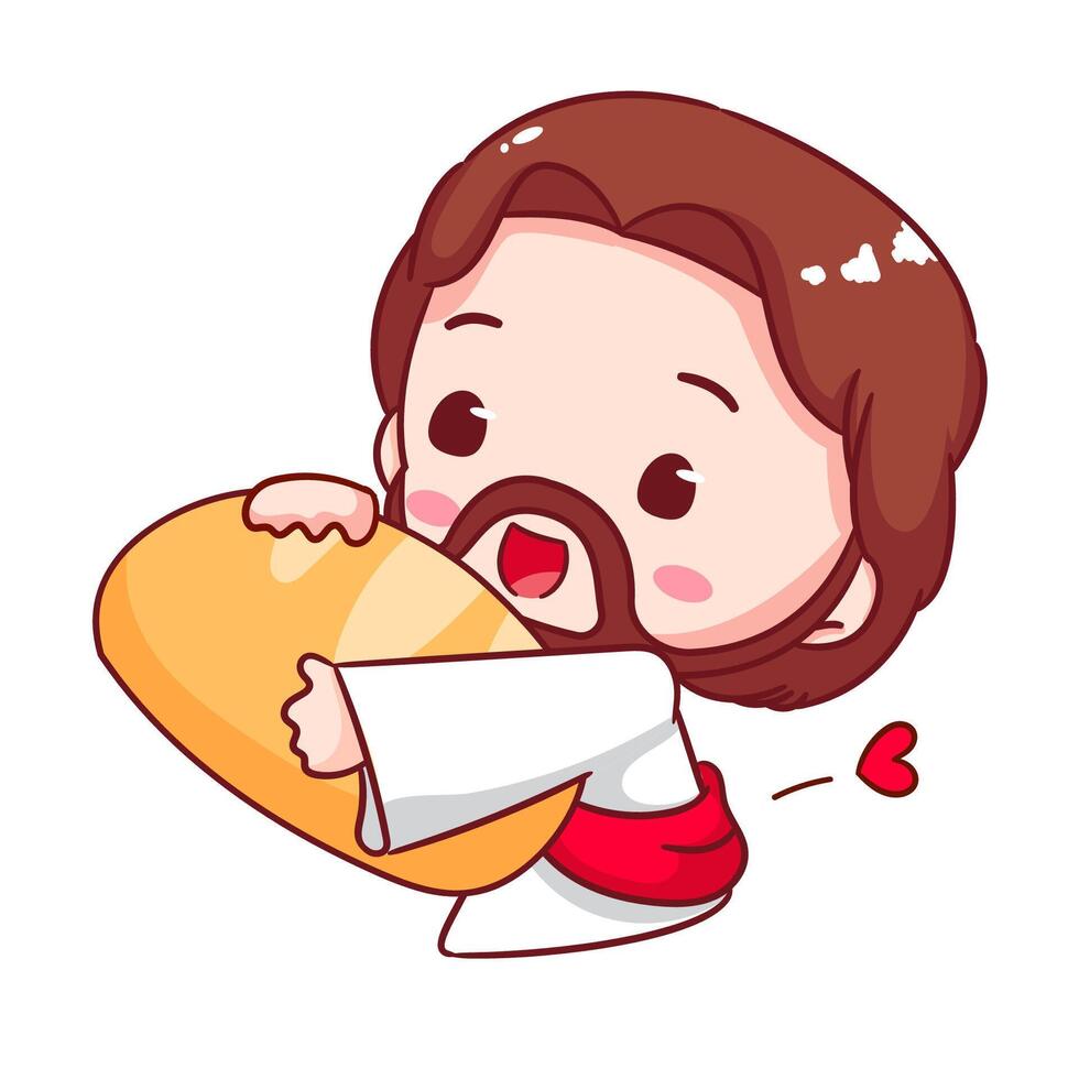 Cute Jesus holding bread cartoon character. Christianity concept design. Bible story illustration vector
