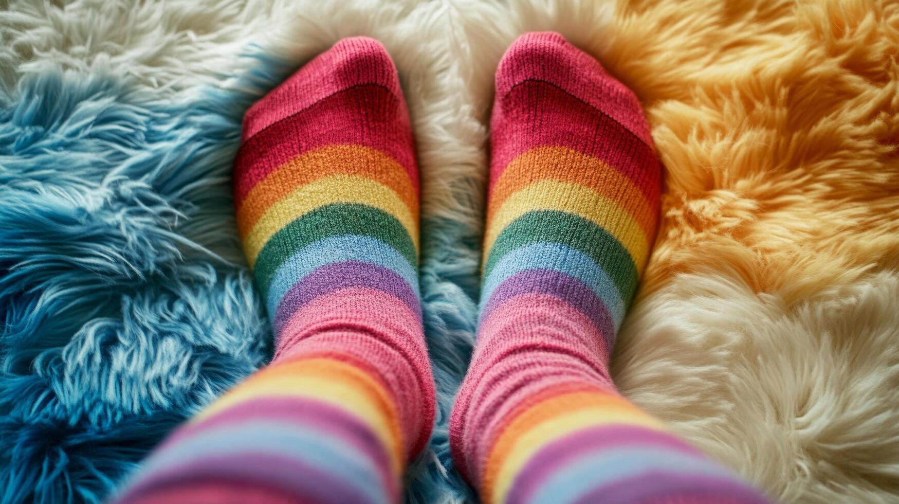 A person wearing colorful socks on a fluffy rug photo