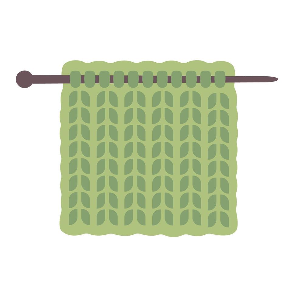 Green Knitted fabric with needle isolated. Knitting yarn and needles. Needlework. Decorative craftwork. Handicraft. Hand drawn Knitting tools. Hobby concept. vector
