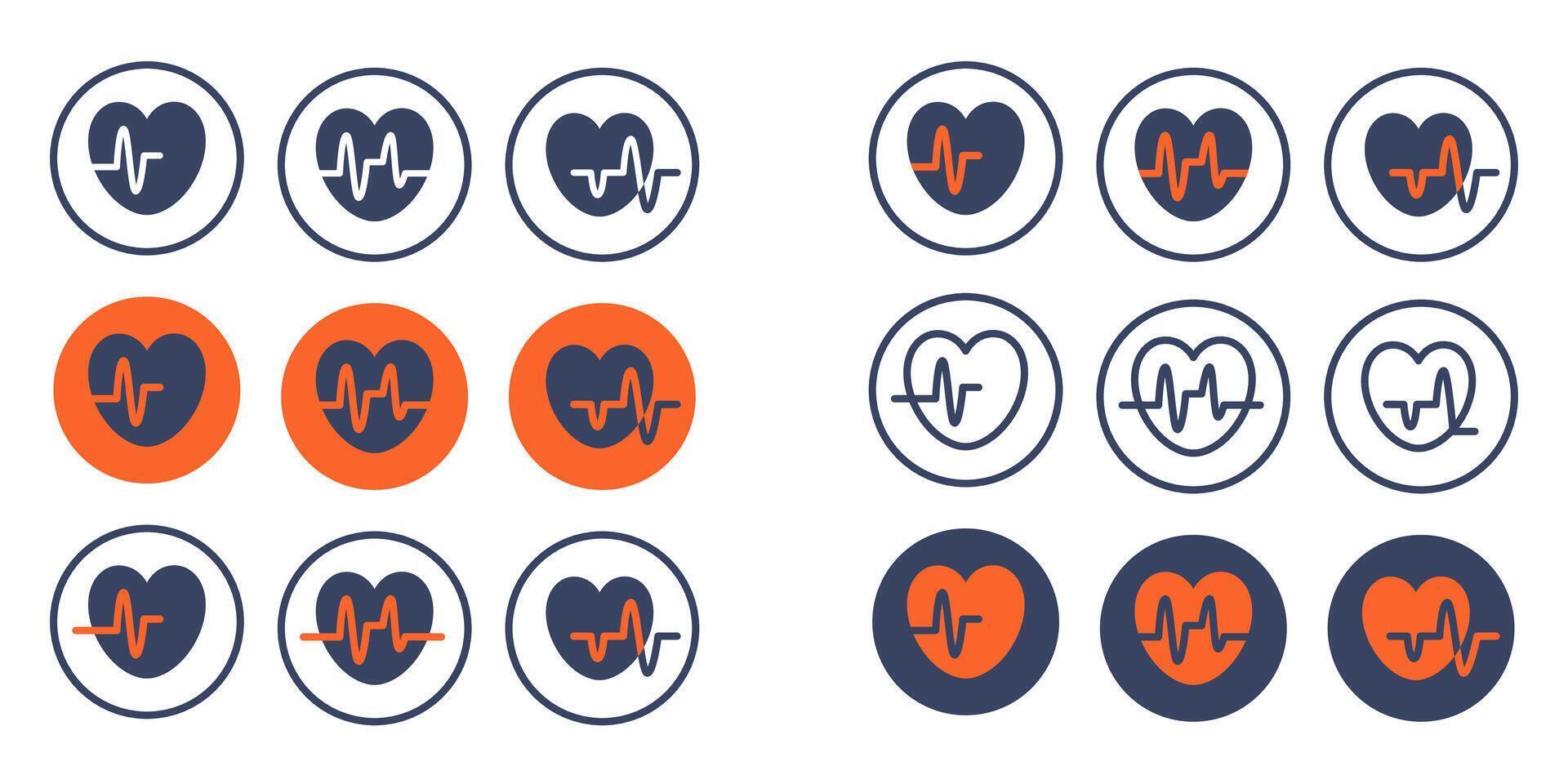 Set of heart rate icons isolated on white background. Minimal heartbeat symbols for health, fitness, wellness apps, smart fitness tracking, medical concepts. Heart rate monitor symbols. vector