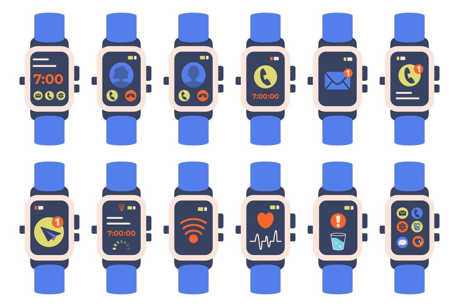 Modern smartwatch with colorful app icons on screen. Smart watch icons isolated. Wearable device for fitness, notifications. Digital wrist device. Health tracking and mobile connectivity. vector