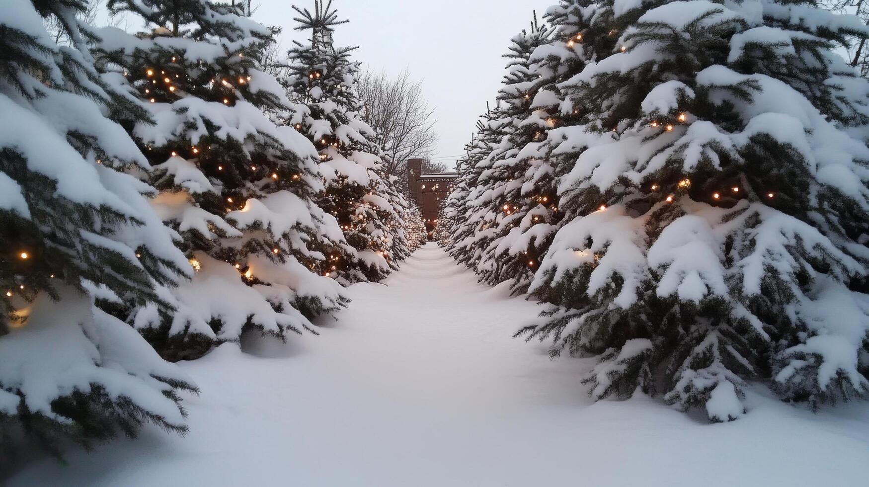 A snowy path lined with evergreen trees photo