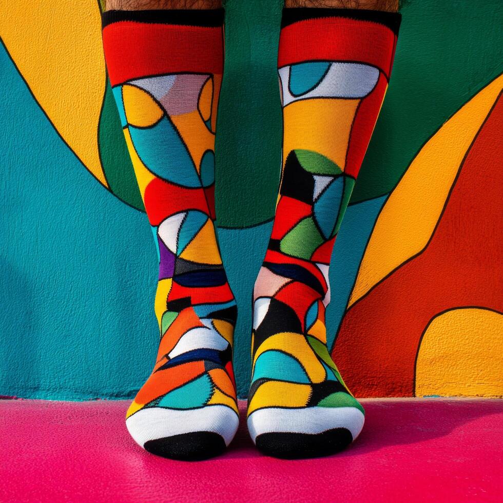 A man wearing colorful socks standing in front of a colorful wall photo