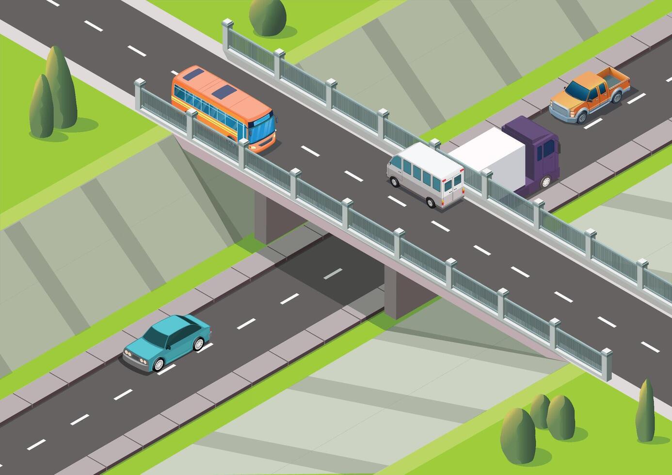 Isometric highway with flyover intersection and vehicle vector