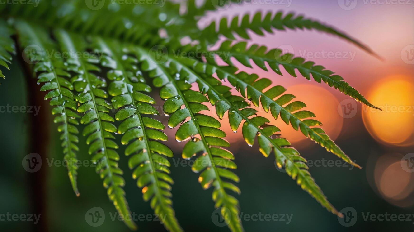 A close-up of a fern leaf with water droplets, set against a blurred sunset background. photo