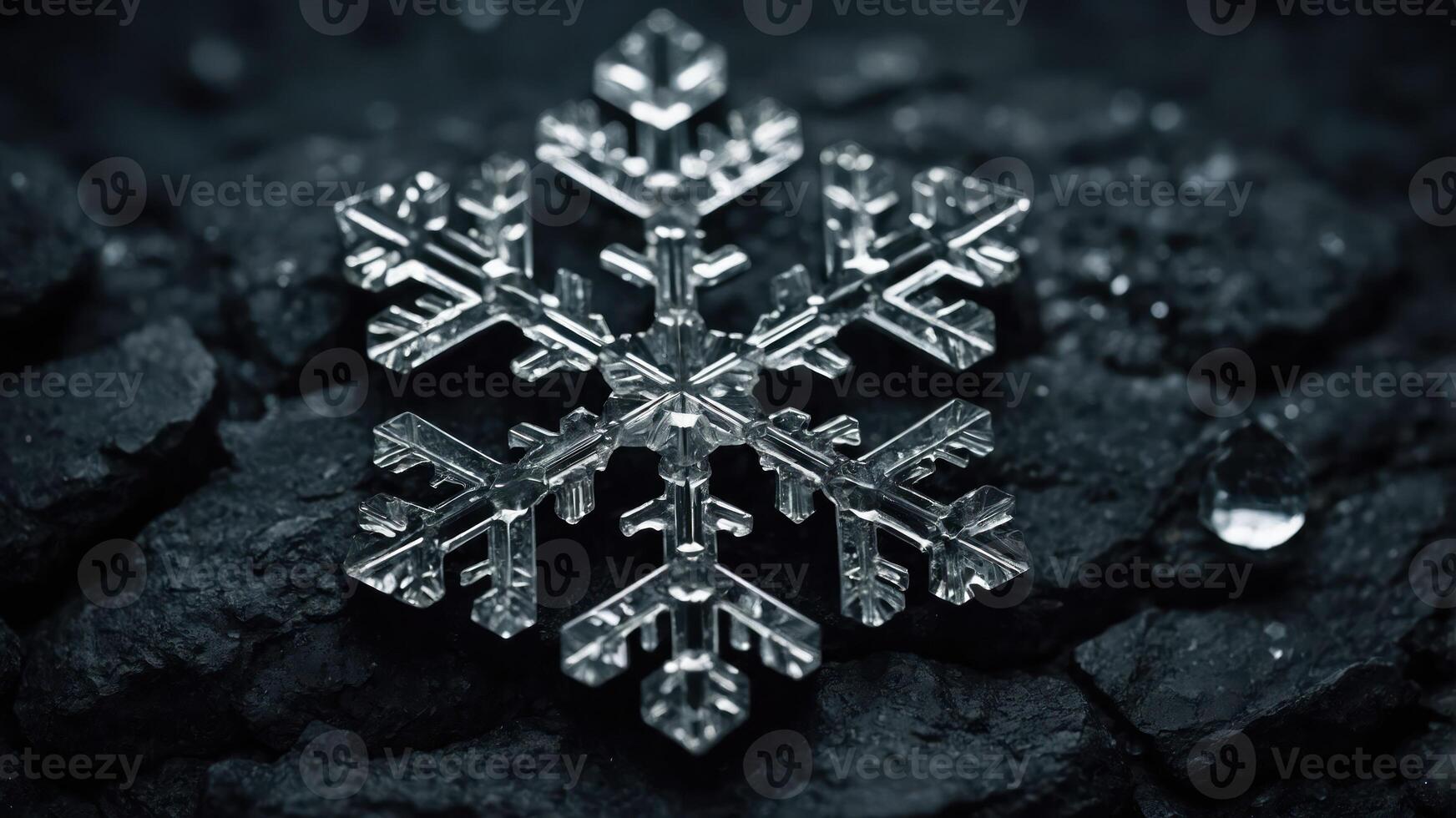 A close-up of a snowflake resting on dark stones, showcasing intricate details. photo