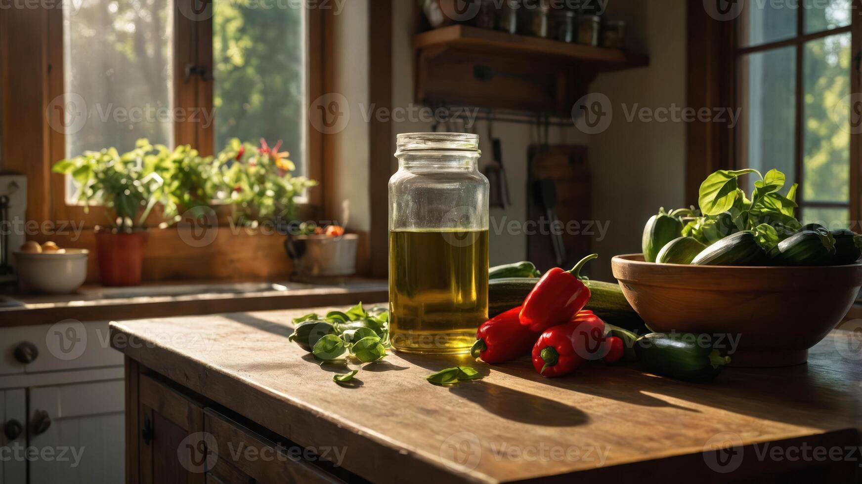A sunlit kitchen with fresh vegetables and olive oil, highlighting healthy cooking. photo