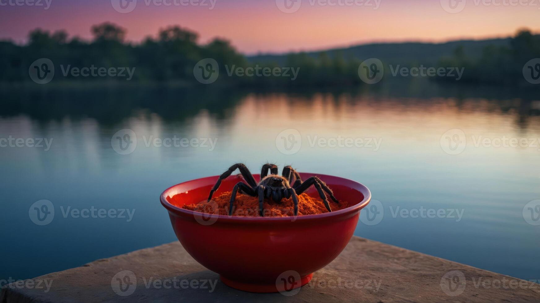 A tarantula sits on a mound of orange substance in a bowl by a tranquil lake at sunset. photo