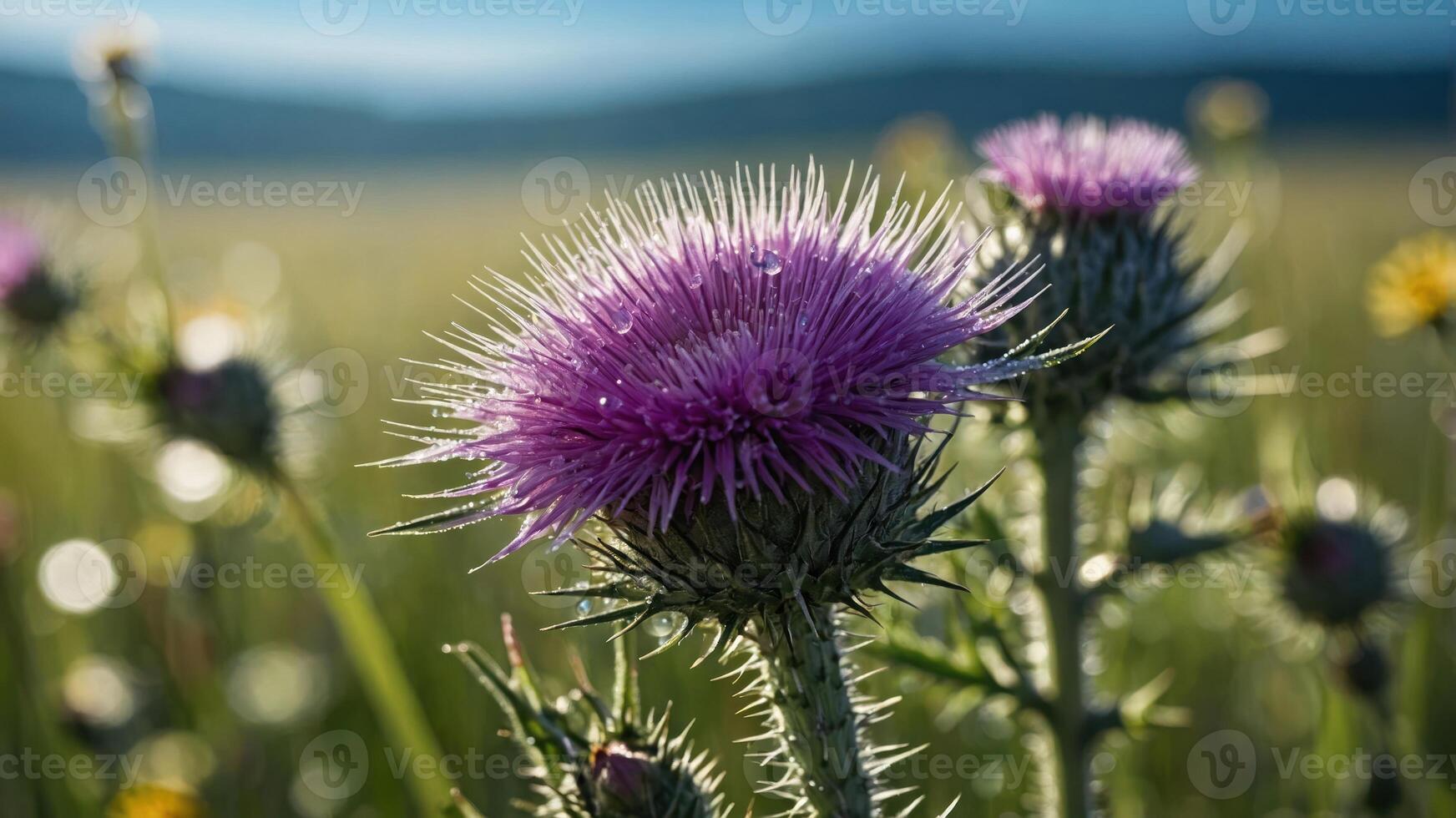 A close-up of a thistle flower with vibrant purple blooms in a natural landscape. photo