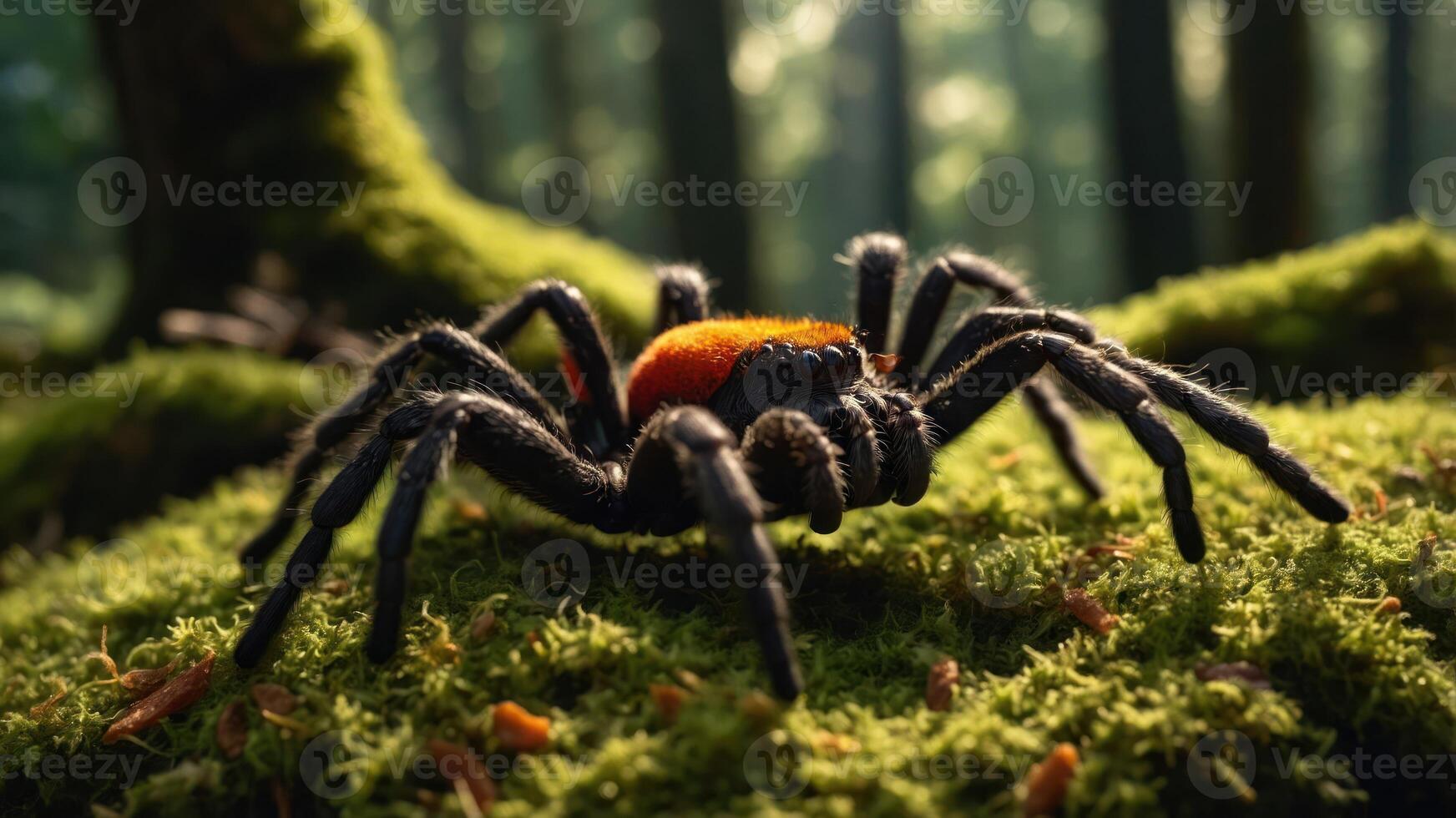 A detailed close-up of a spider on moss in a forest setting. photo