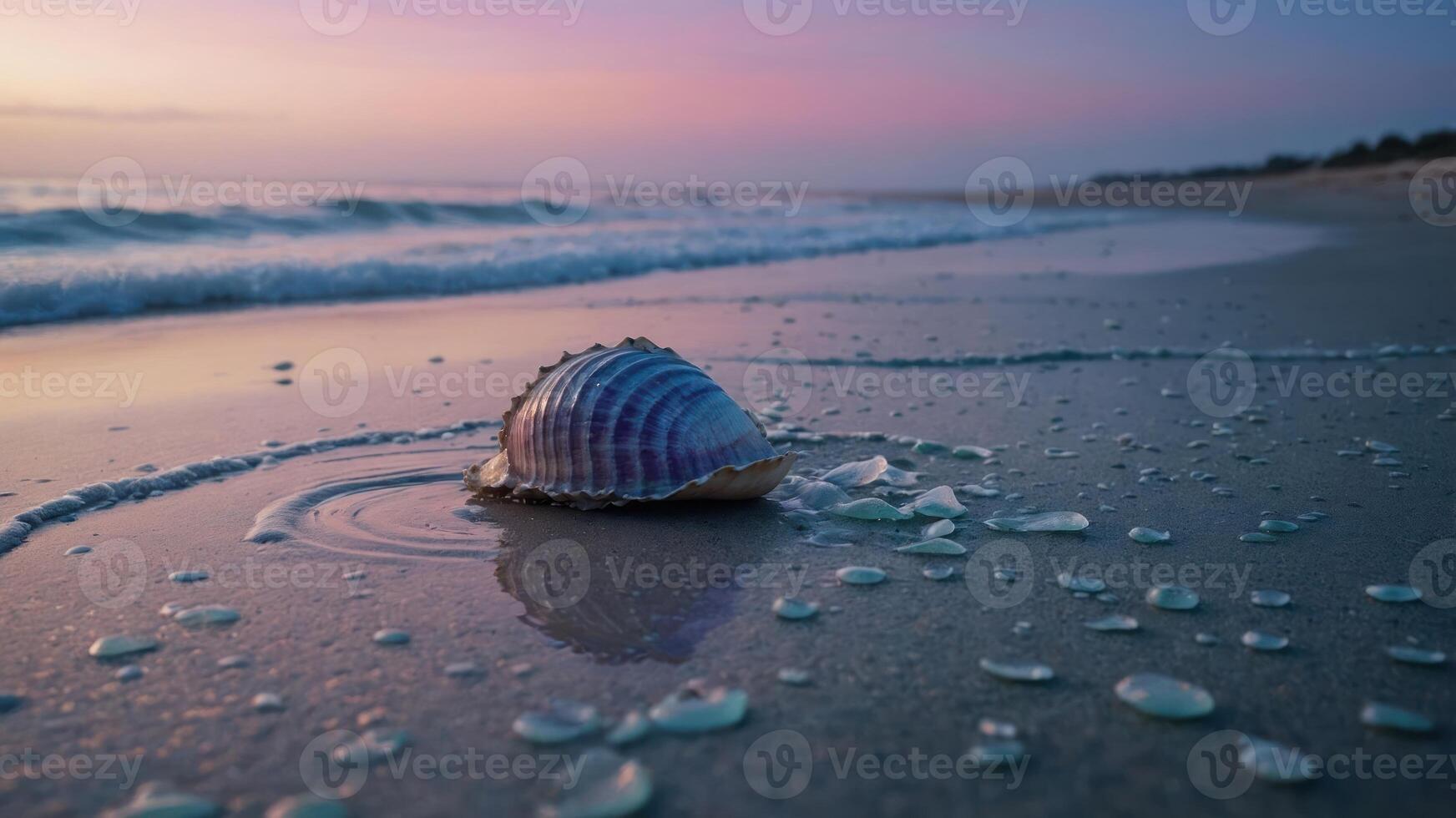 A seashell rests on a sandy beach at sunset, surrounded by gentle waves and bubbles. photo