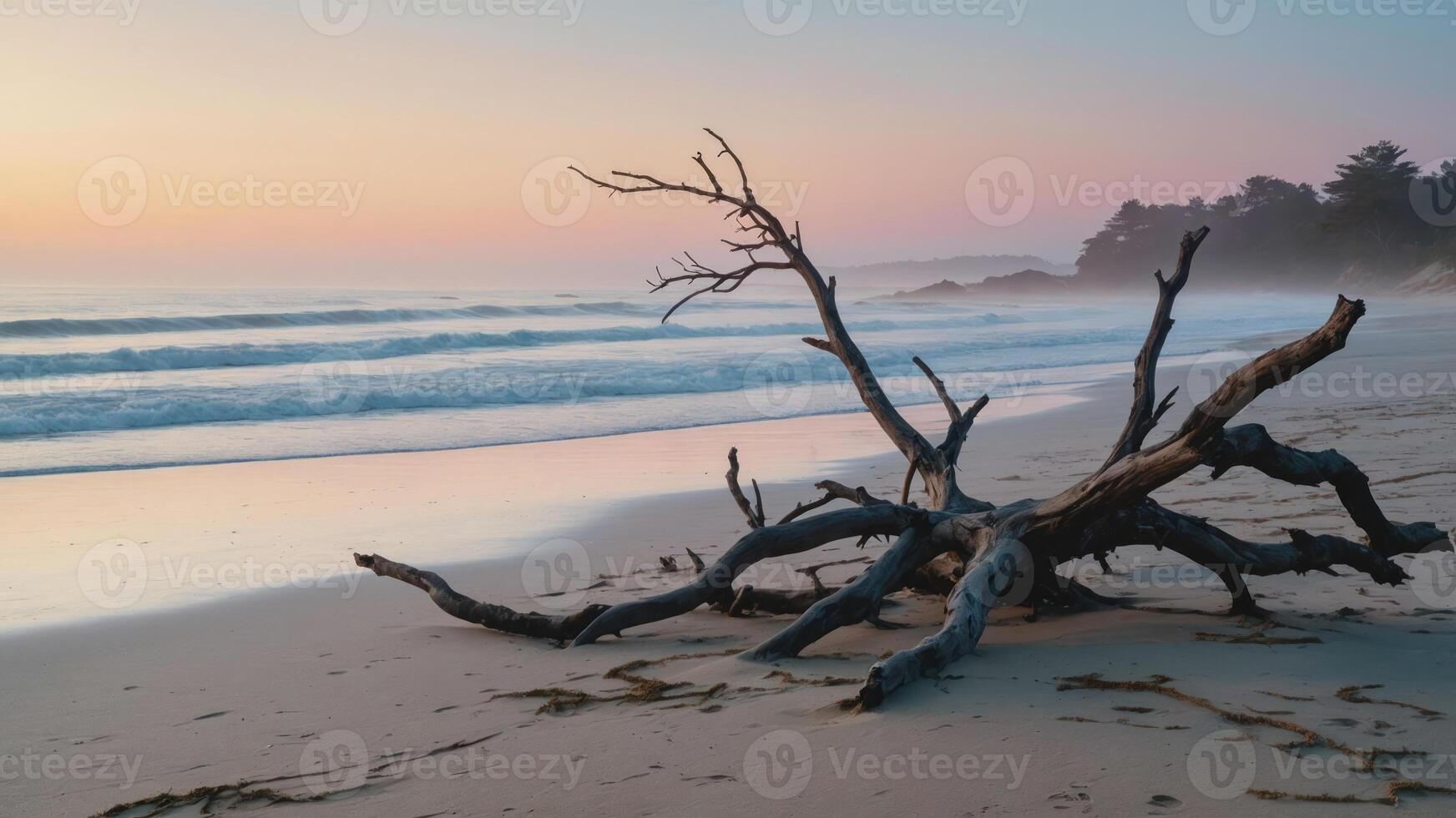 A serene beach scene at sunset with a weathered driftwood branch on the shore. photo