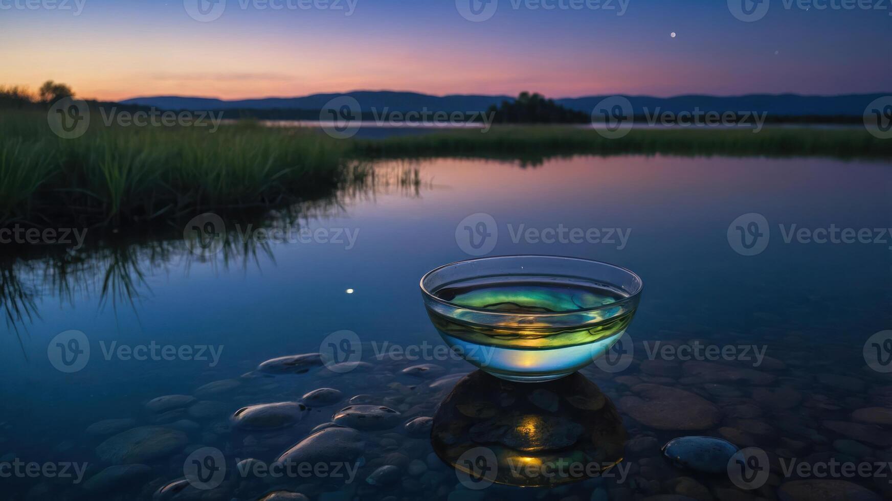 A serene landscape at dusk featuring a bowl of liquid on smooth stones by a calm water body. photo