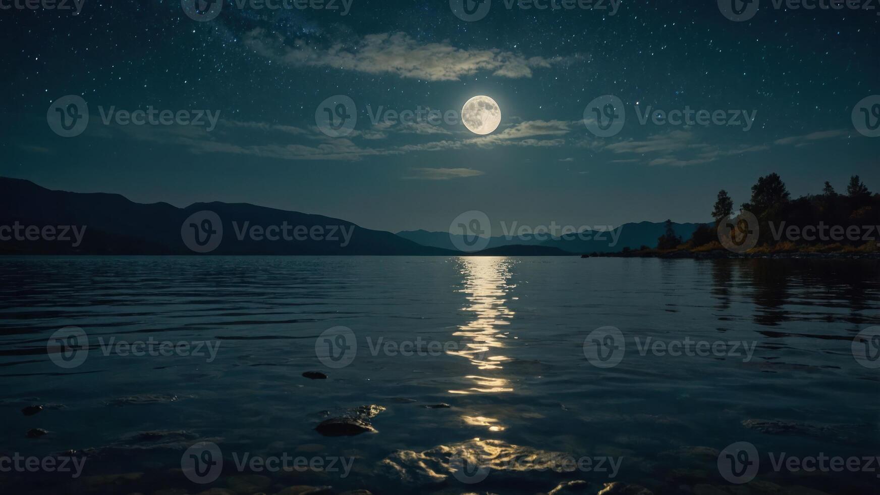 A serene night scene featuring a full moon reflecting on a calm lake surrounded by mountains. photo