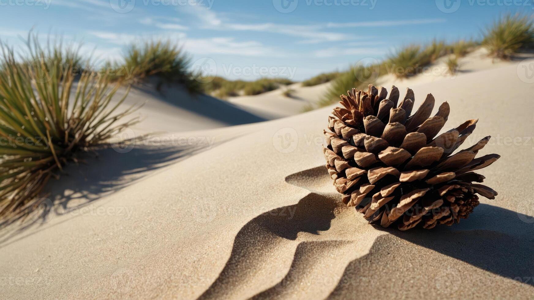 A pine cone rests on sandy dunes with grass in the background under a clear blue sky. photo