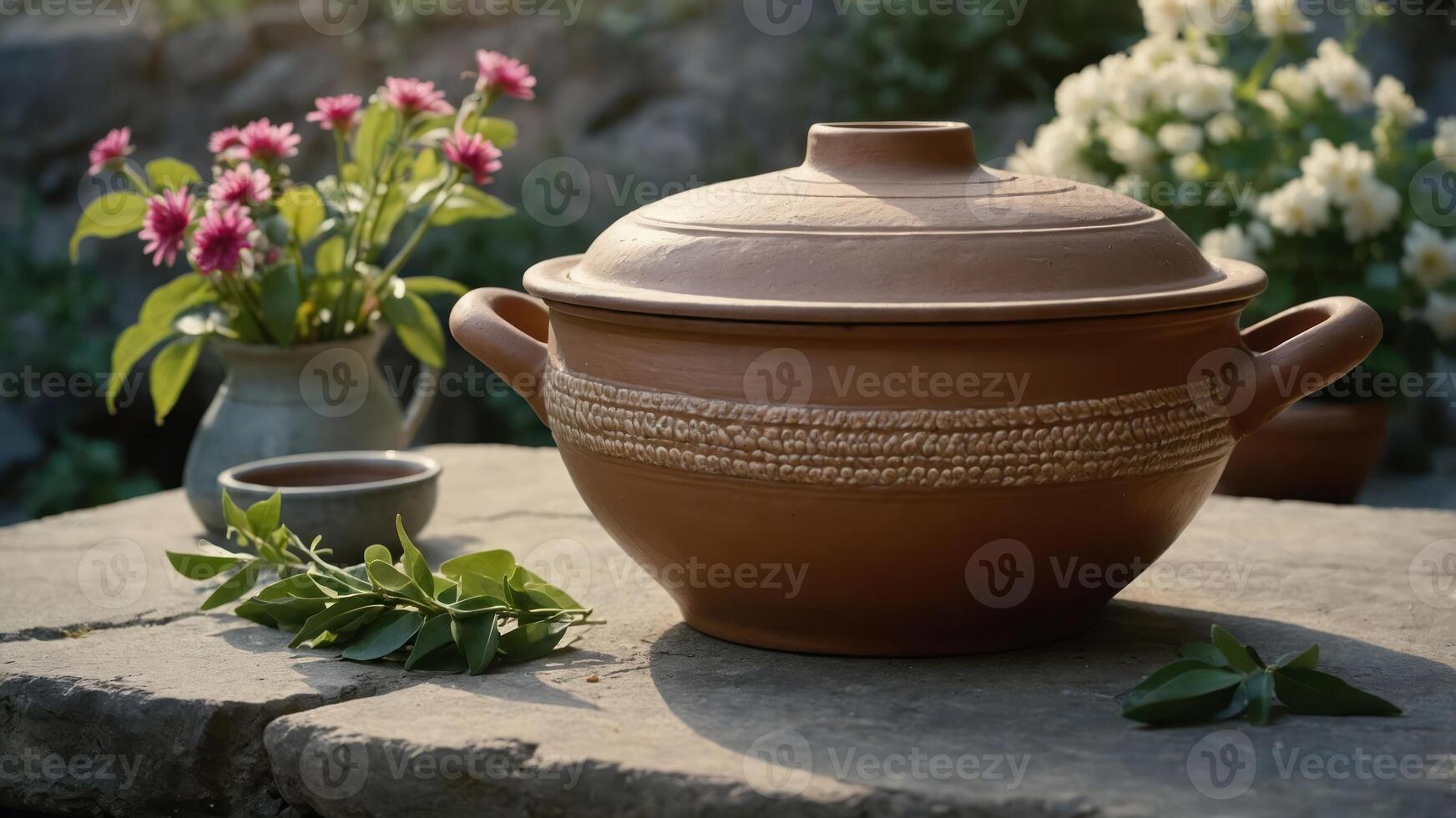 A clay pot with a lid, surrounded by flowers and herbs, on a stone surface. photo