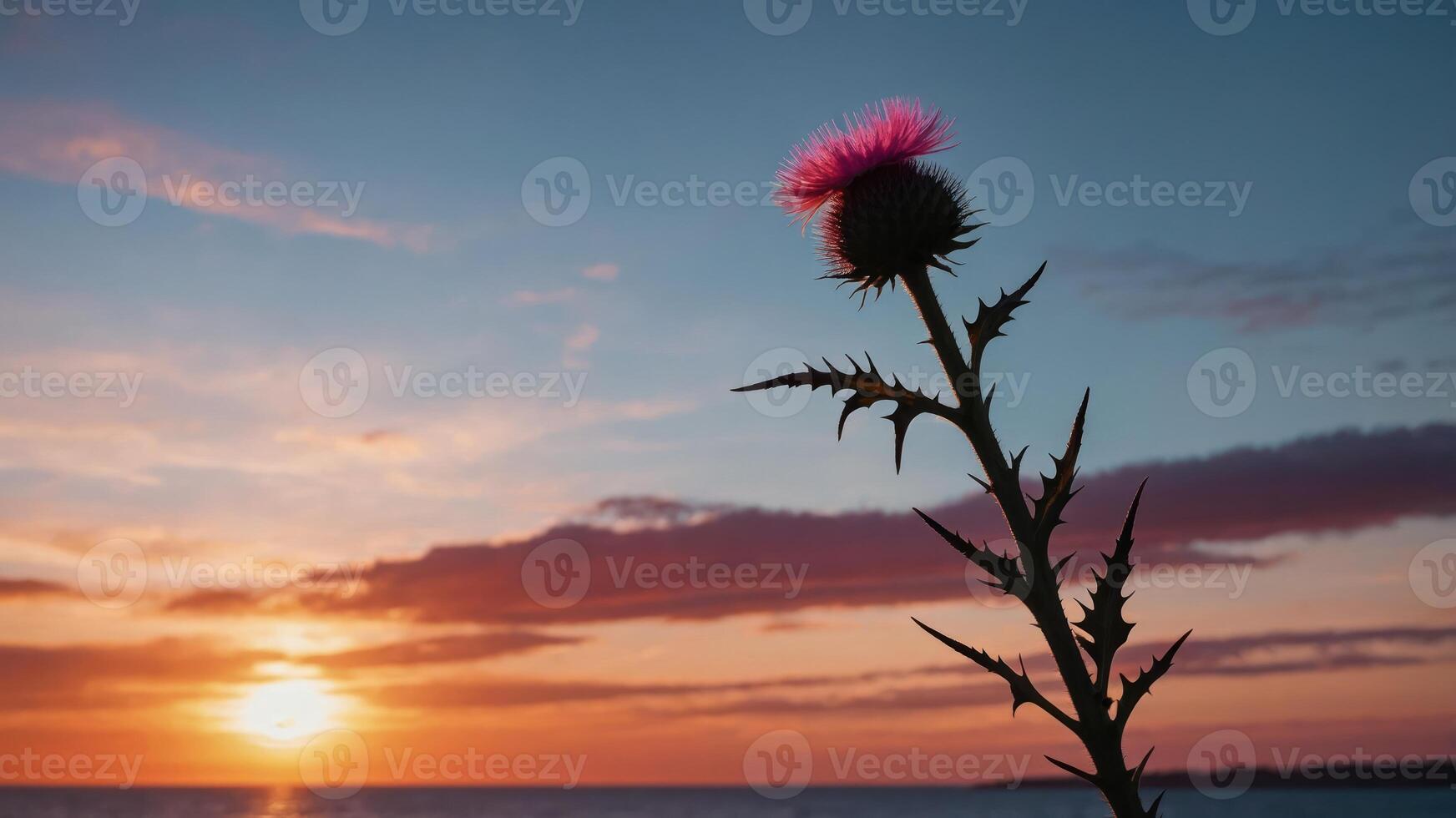 A thistle silhouette against a vibrant sunset by the ocean. photo