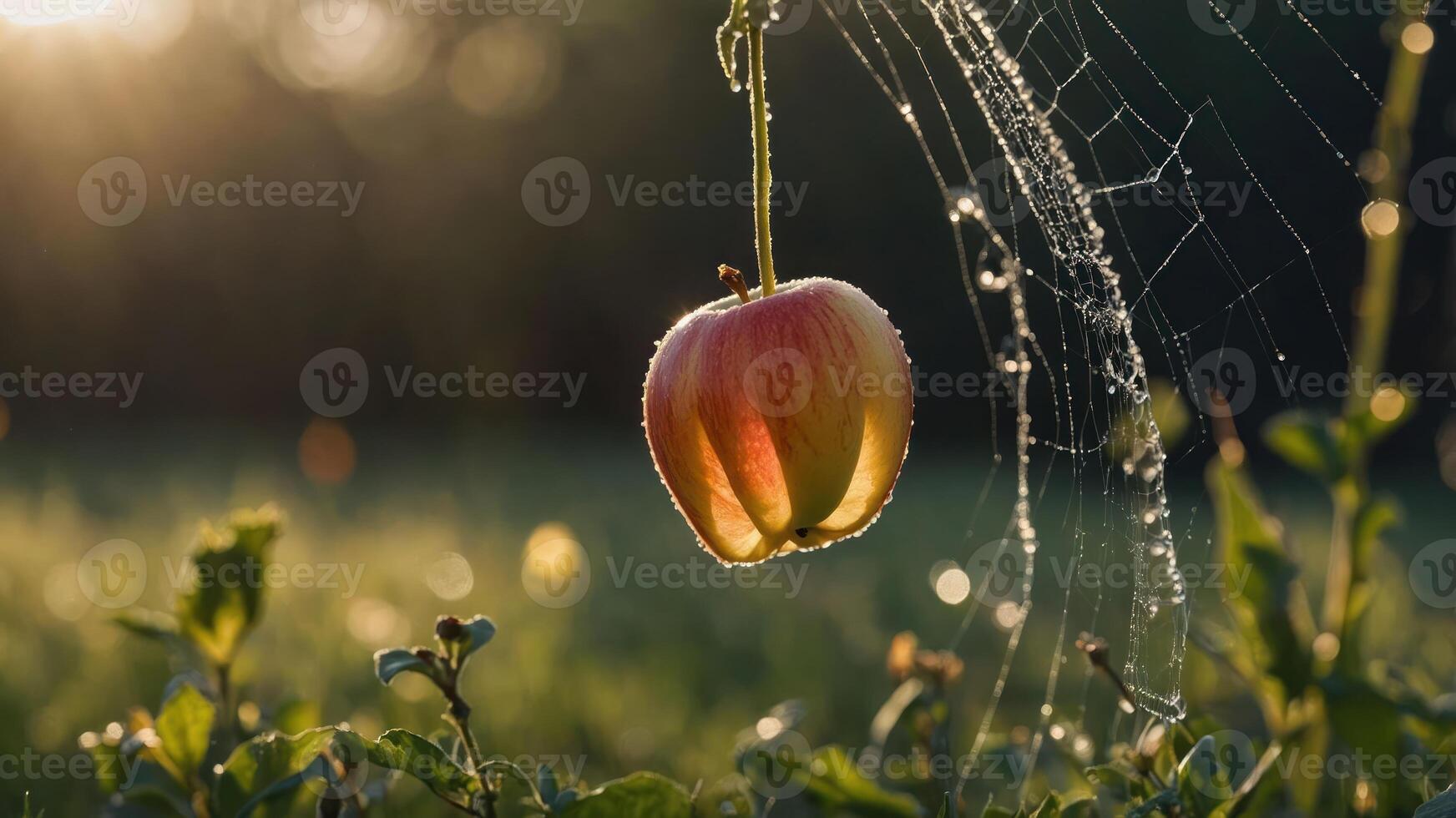 A solitary apple hangs from a spider web, glistening with dew in a serene outdoor setting. photo