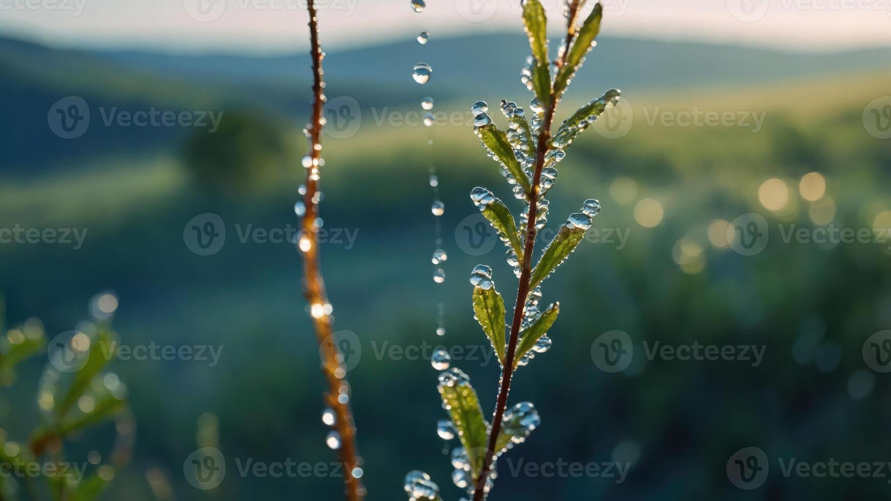 Close-up of a plant with water droplets glistening in soft morning light. photo