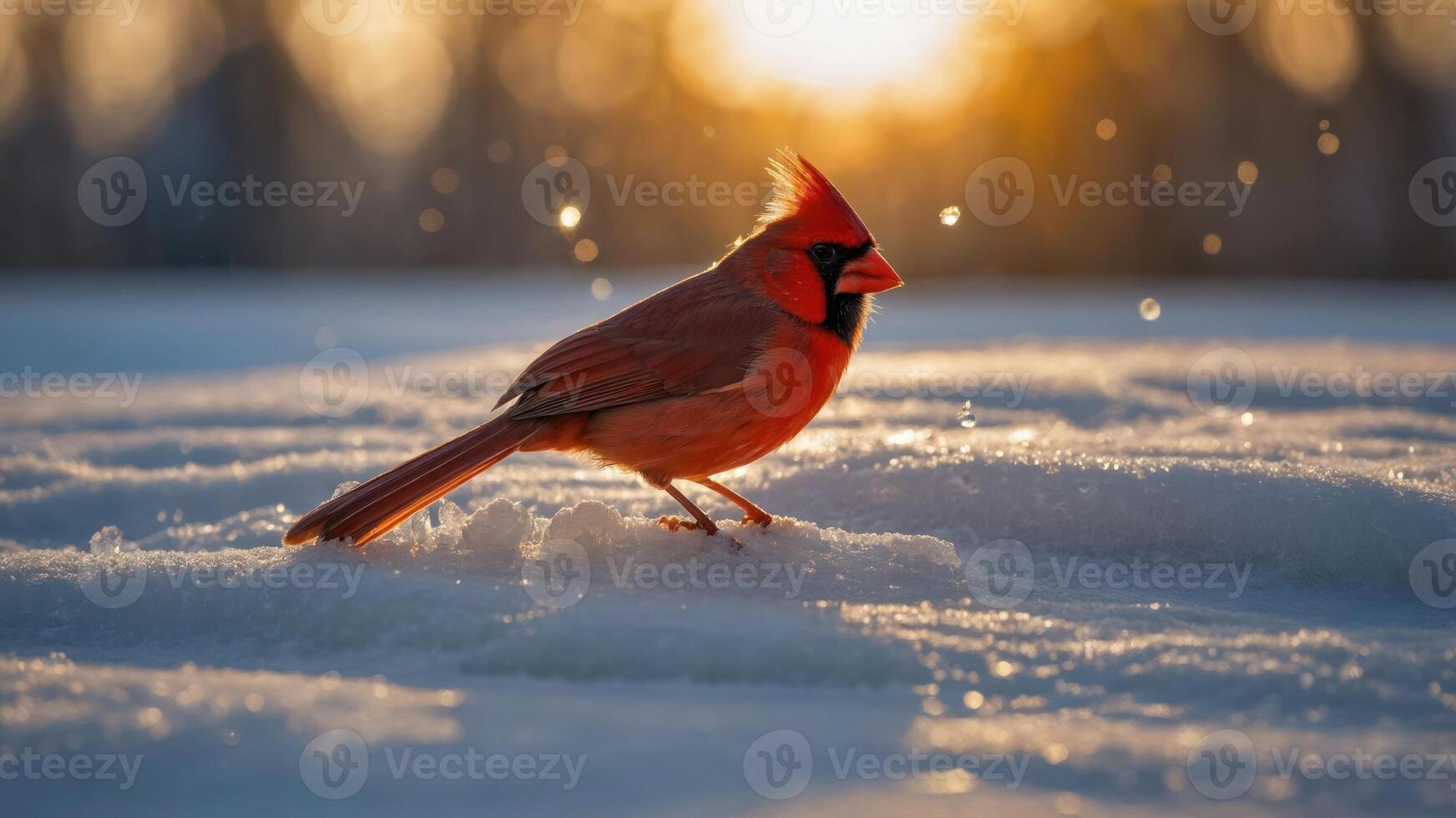 A vibrant cardinal bird stands on snow, illuminated by a warm sunset glow. photo