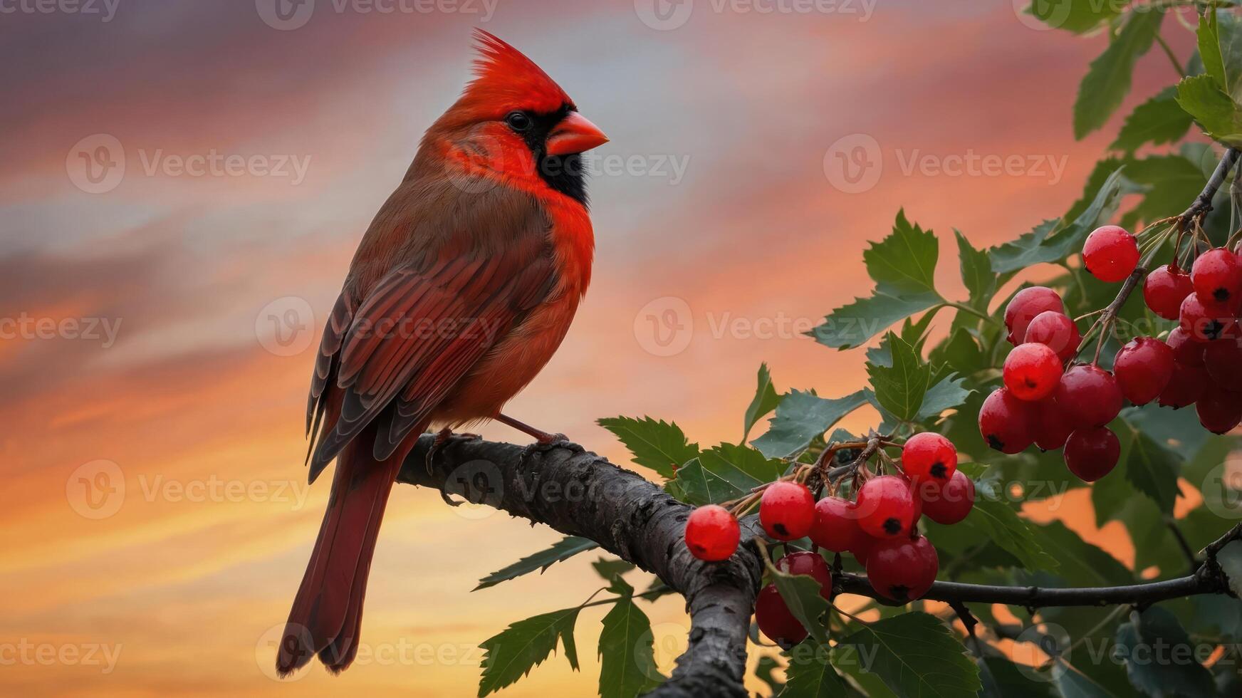 A vibrant cardinal perched on a branch with berries against a colorful sunset backdrop. photo