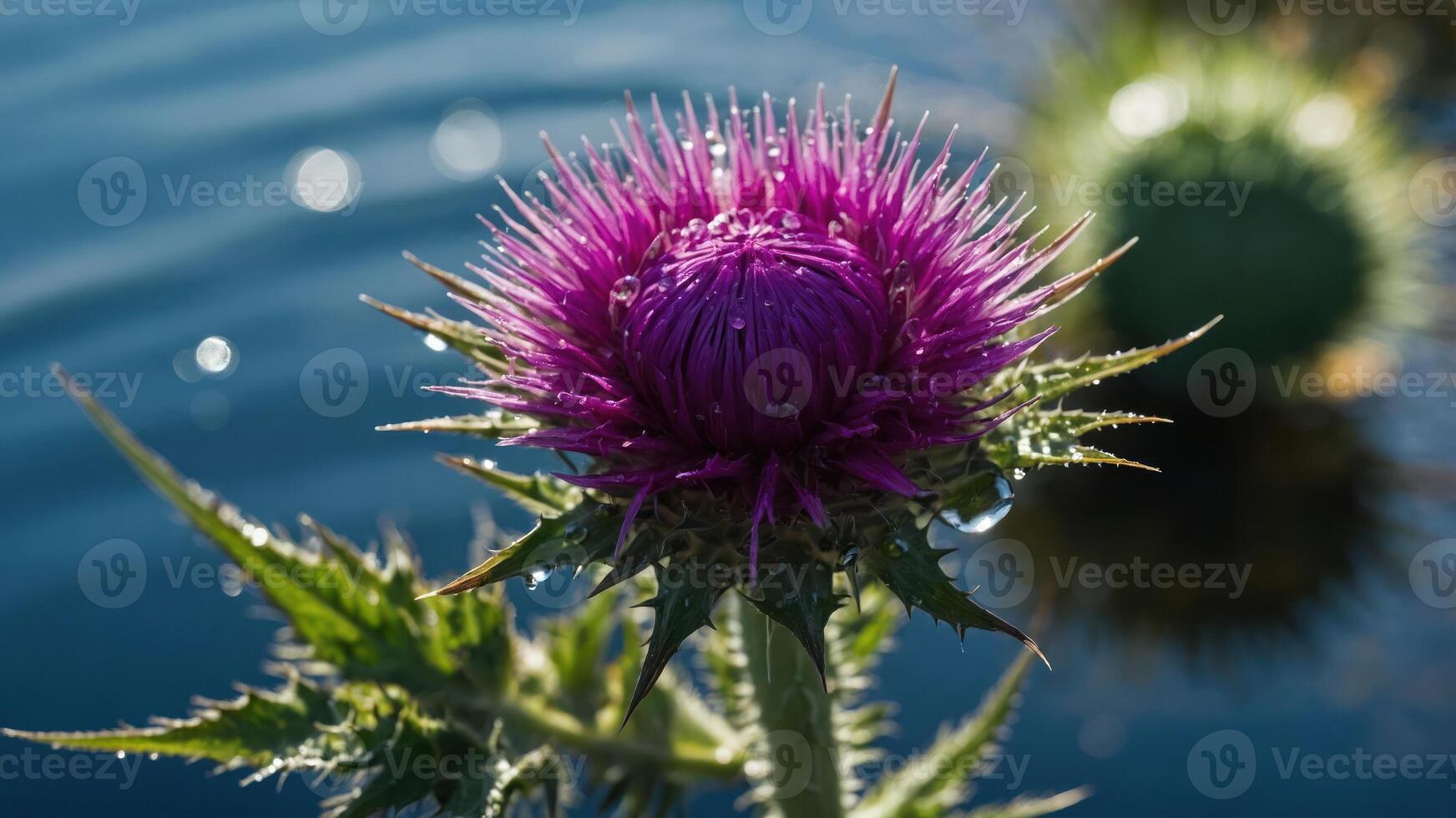 A close-up of a vibrant purple thistle flower against a blurred water background. photo