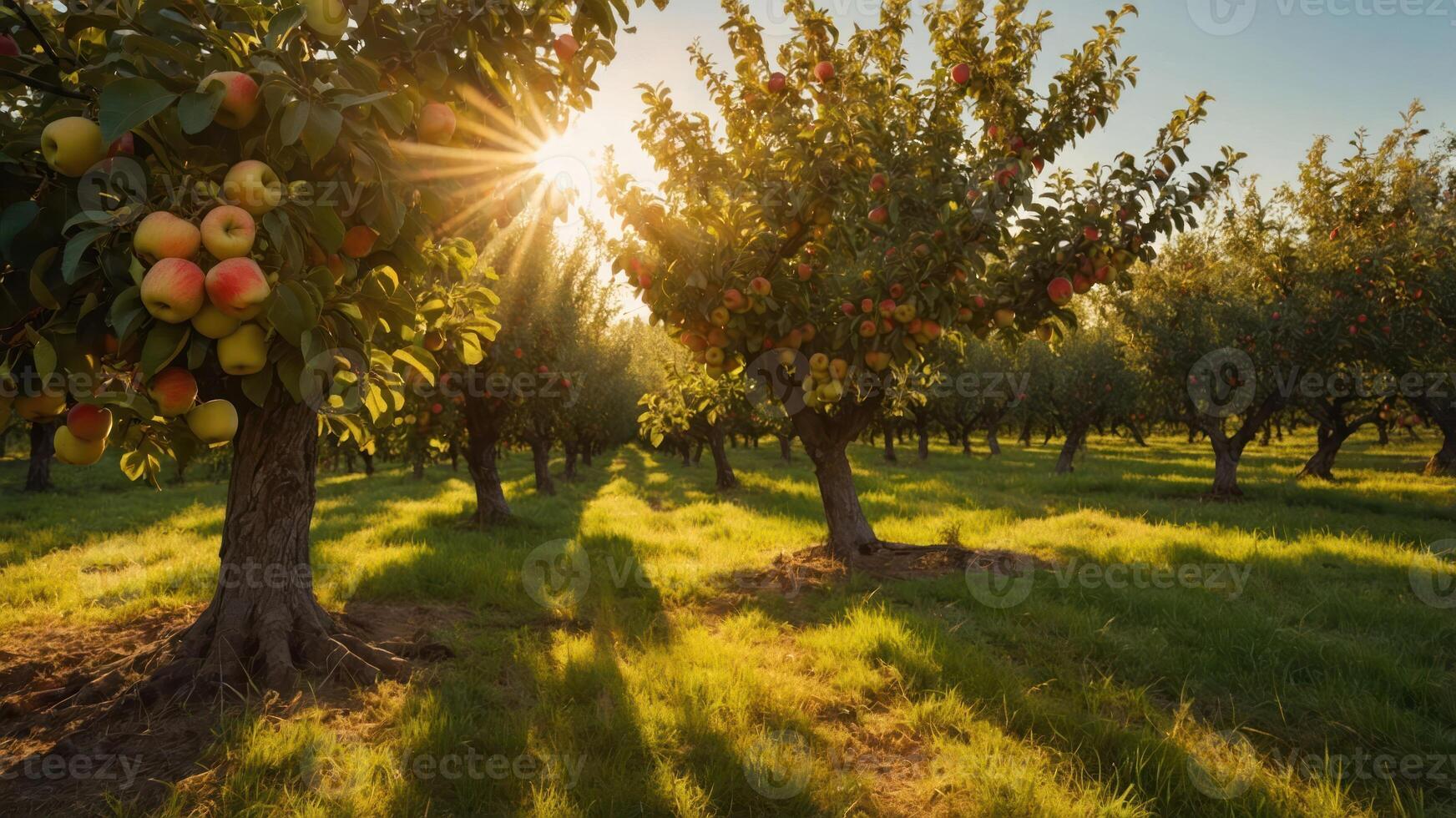 A sunlit apple orchard with trees laden with fruit and vibrant green grass. photo