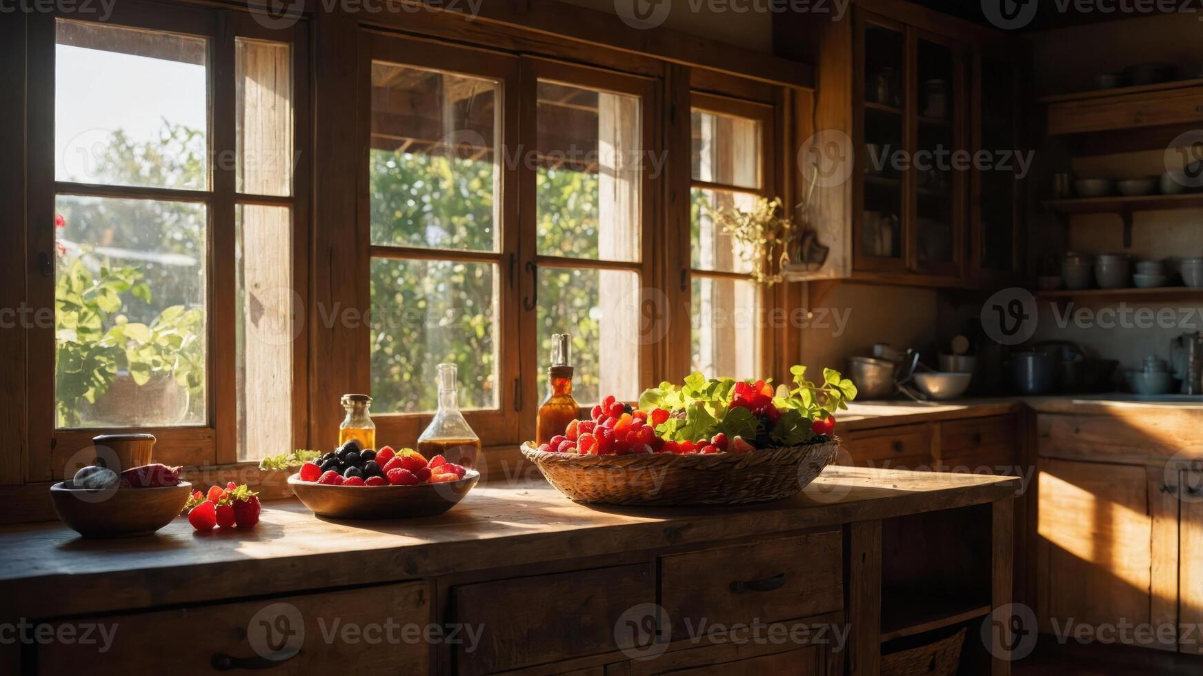A rustic kitchen scene with fresh fruits displayed on wooden tables and sunlight streaming in. photo