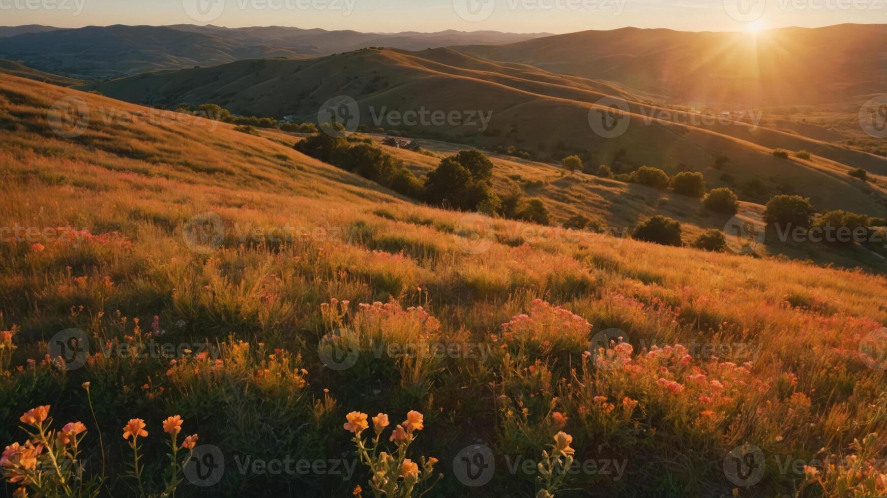 Serene sunset over rolling hills adorned with wildflowers, showcasing nature's beauty. photo