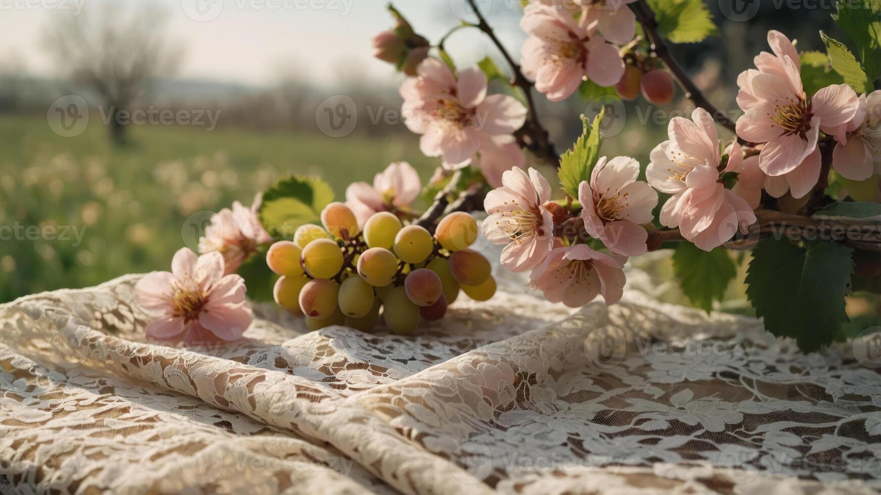 A serene arrangement of pink blossoms and grapes on a lace cloth in a natural setting. photo