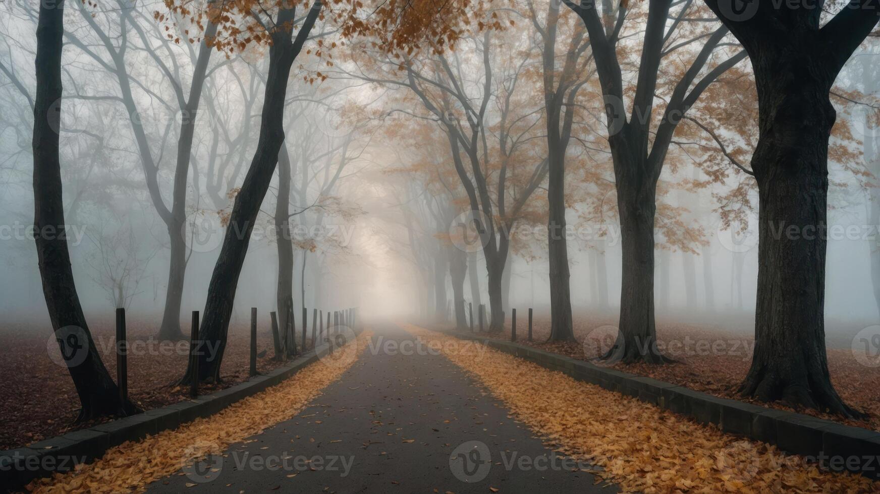 A misty path lined with trees and fallen leaves, creating a serene autumn atmosphere. photo