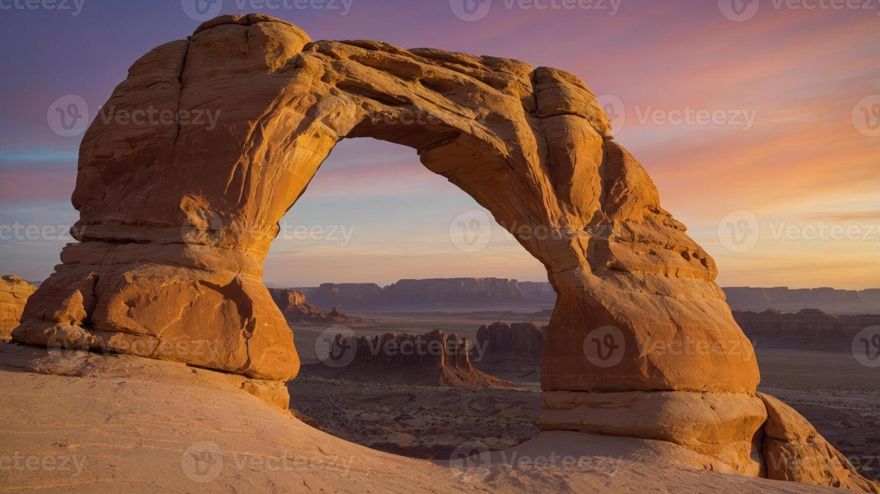 A natural rock arch framed by a colorful sunset in a desert landscape. photo