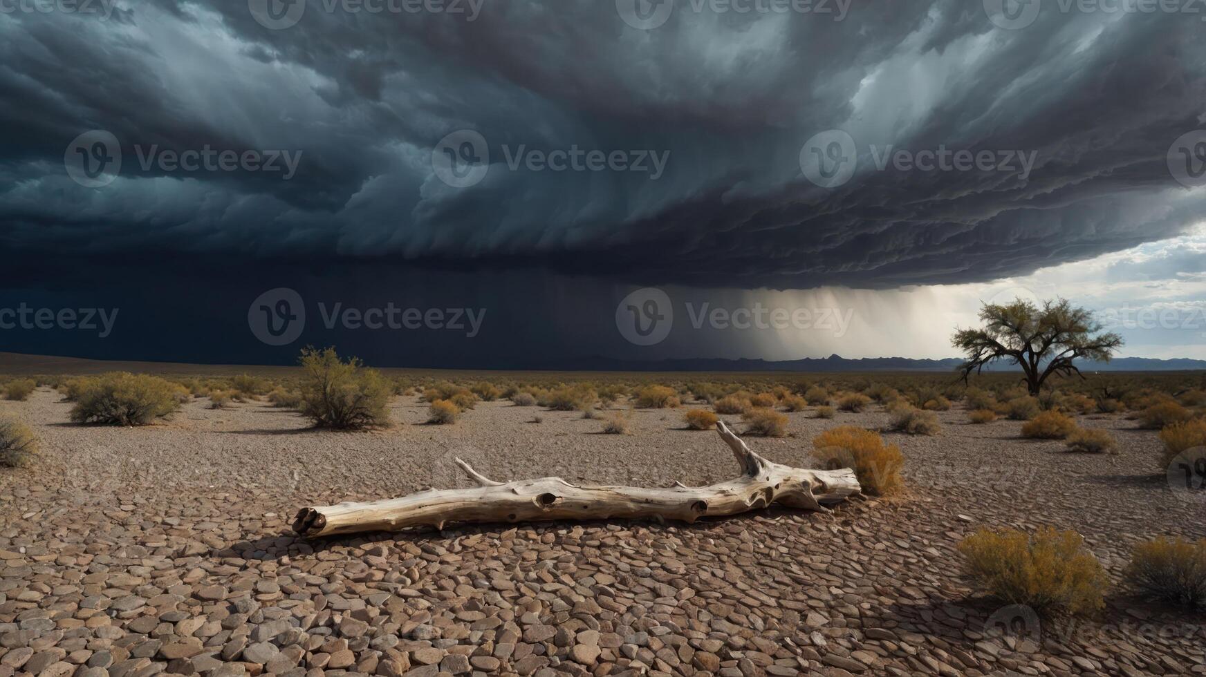 A dramatic landscape featuring a stormy sky, a fallen log, and sparse vegetation. photo