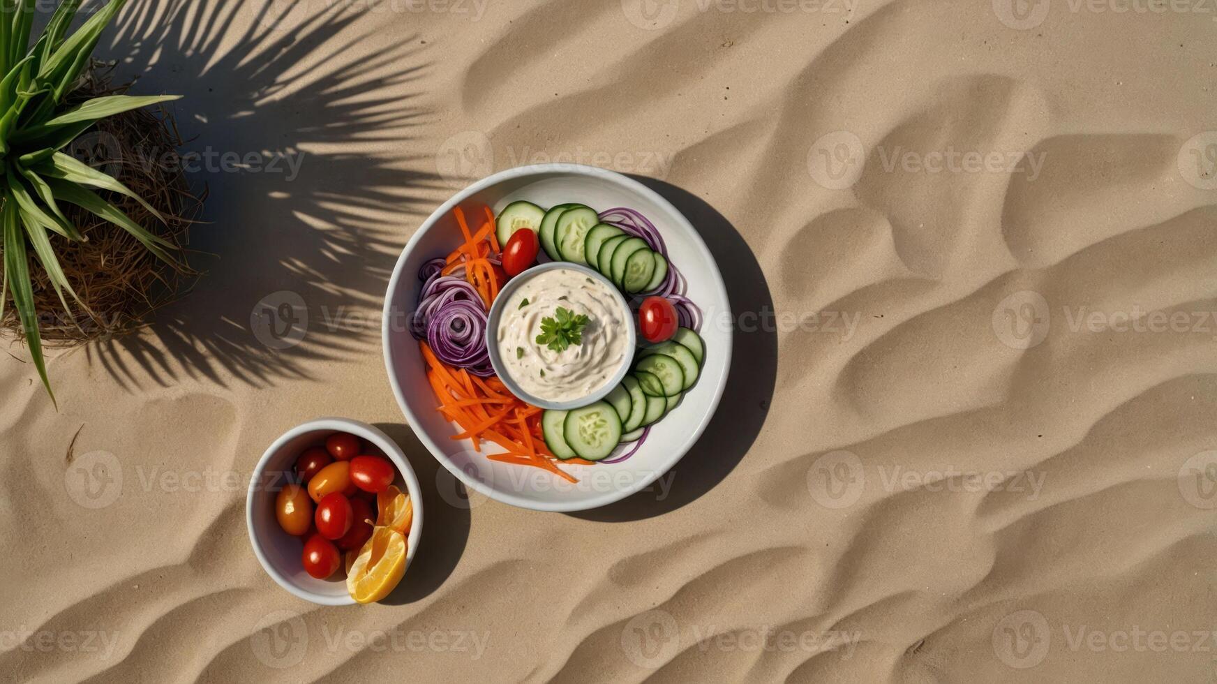 A vibrant salad bowl with fresh vegetables and dip on a sandy surface. photo