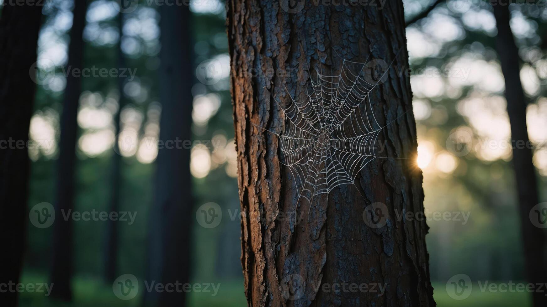 A spider web glistens on a tree trunk in a serene forest during sunset. photo