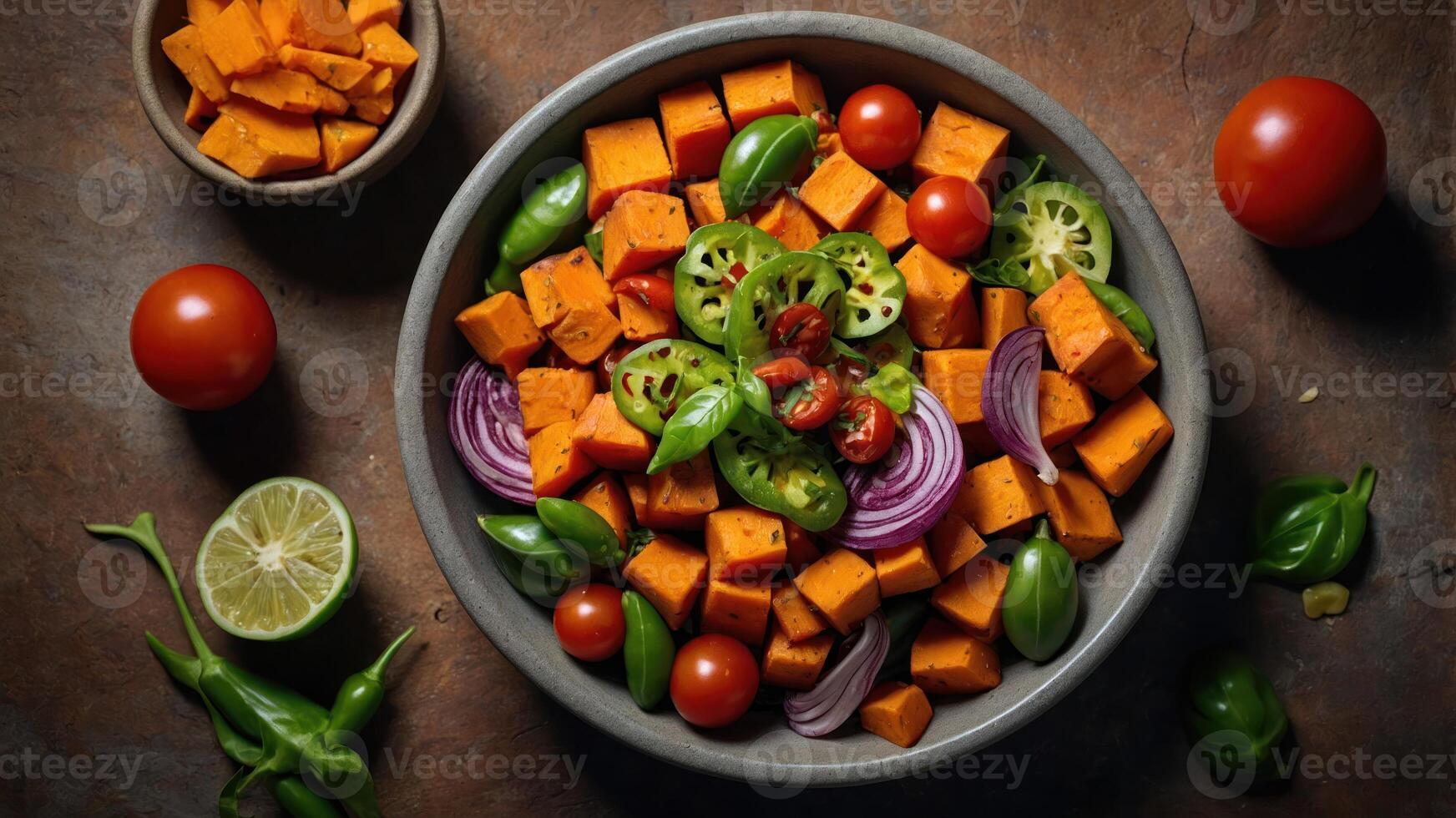 A vibrant bowl of diced sweet potatoes, tomatoes, and peppers, ideal for a healthy meal. photo