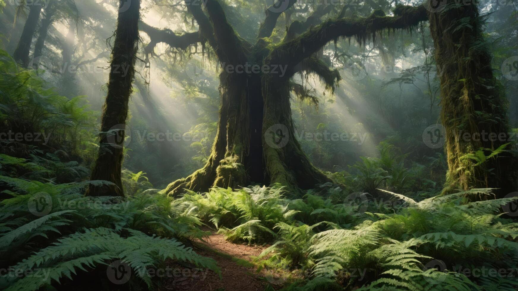 A large tree in the middle of a lush forest photo