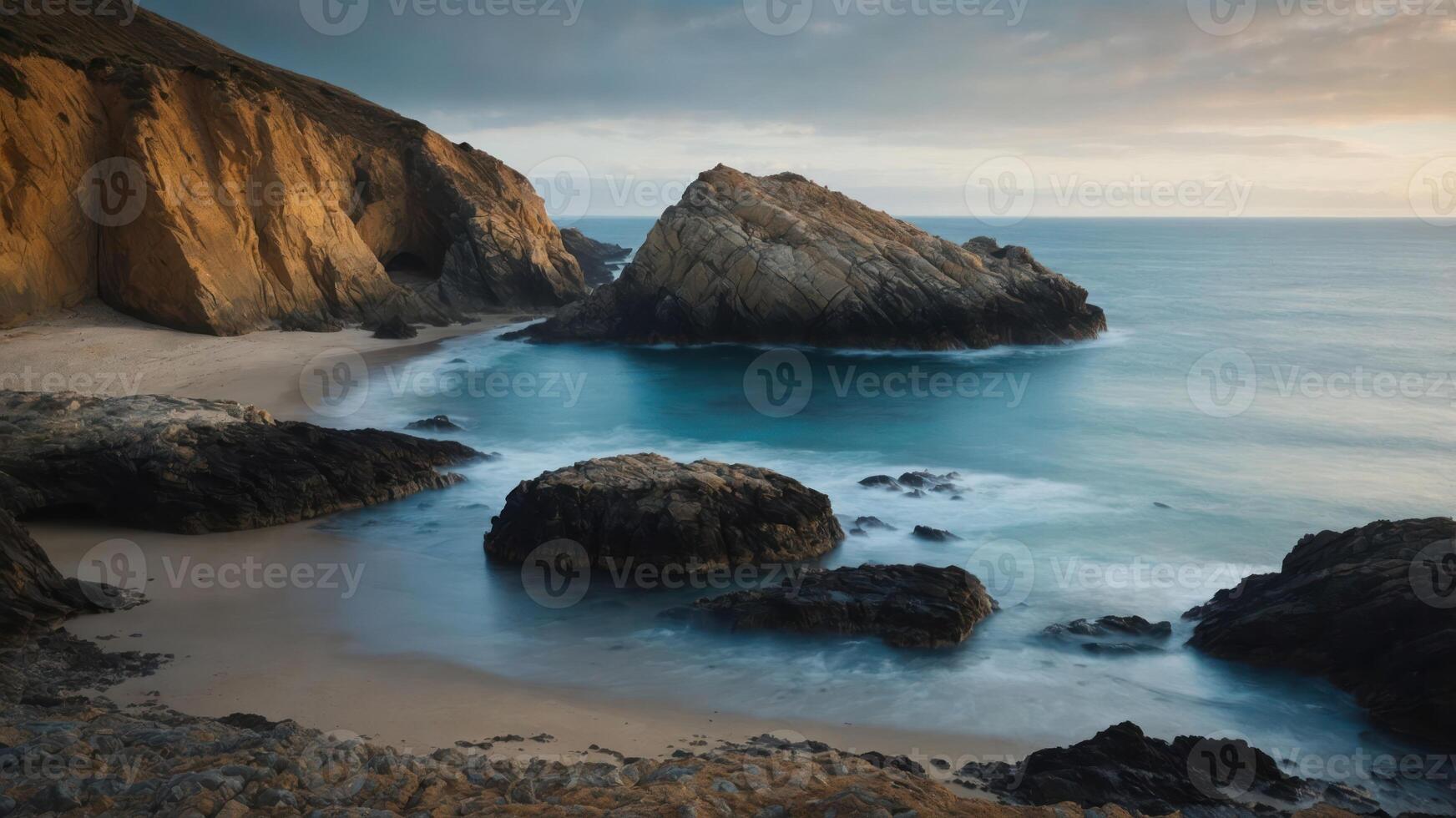 Serene coastal landscape with rocky formations and gentle waves under a cloudy sky. photo
