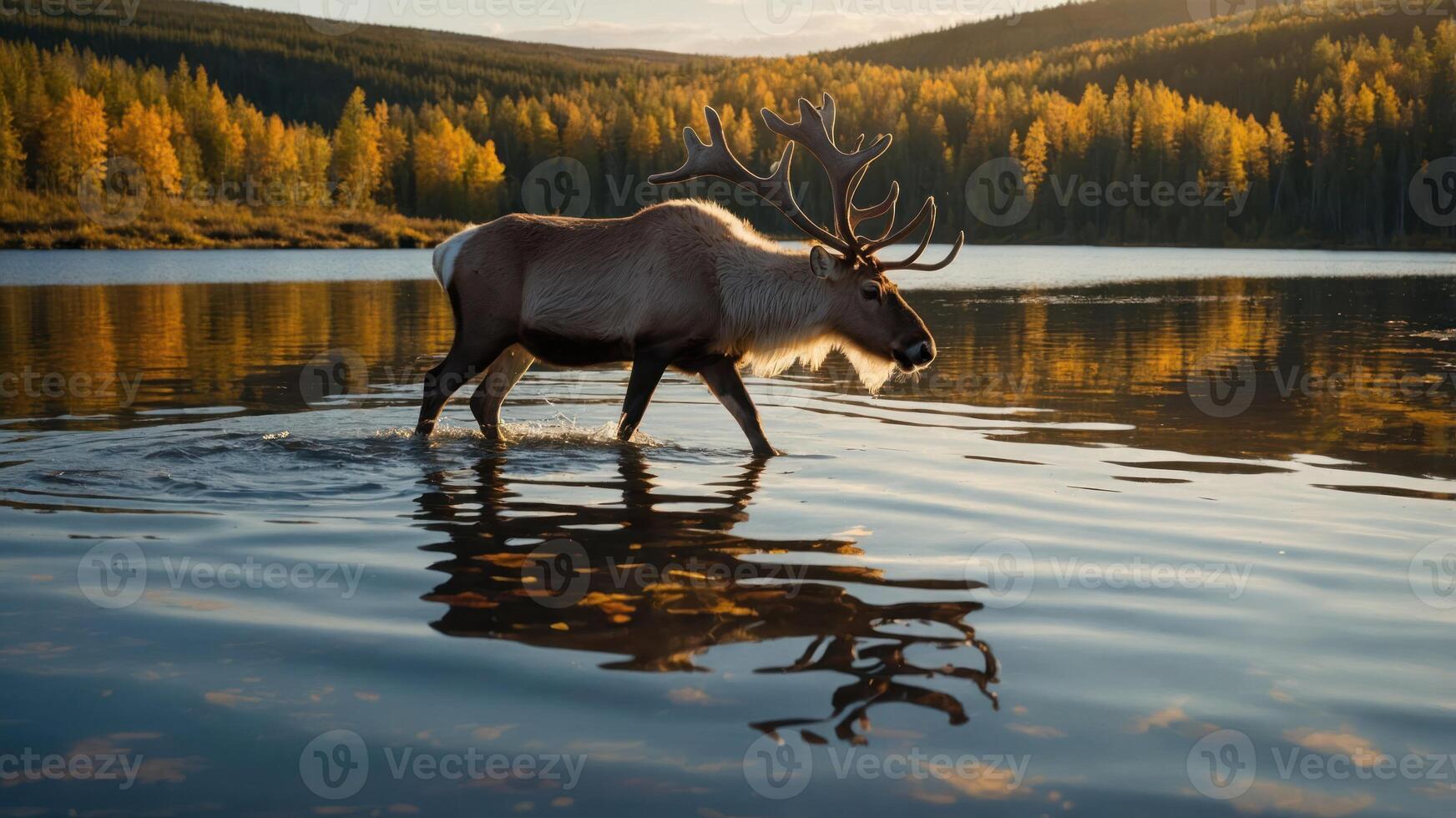 A majestic reindeer wades through a serene lake, reflecting autumn colors in the background. photo
