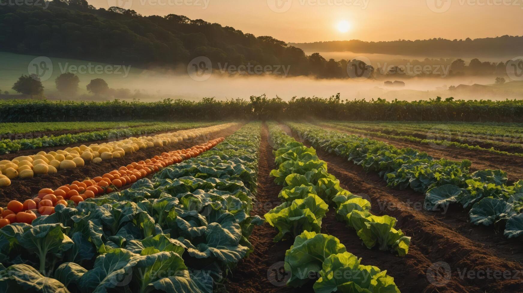 A serene vegetable field at sunrise with misty hills in the background. photo