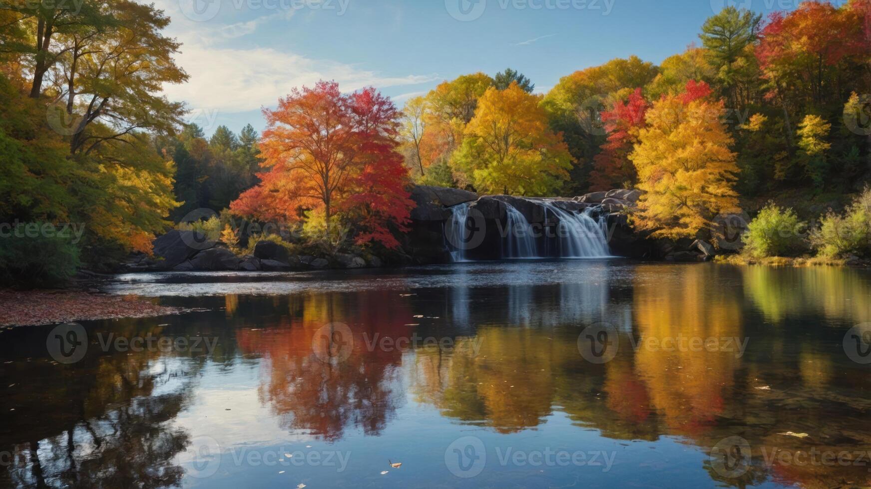 A serene waterfall surrounded by vibrant autumn foliage reflecting in calm waters. photo