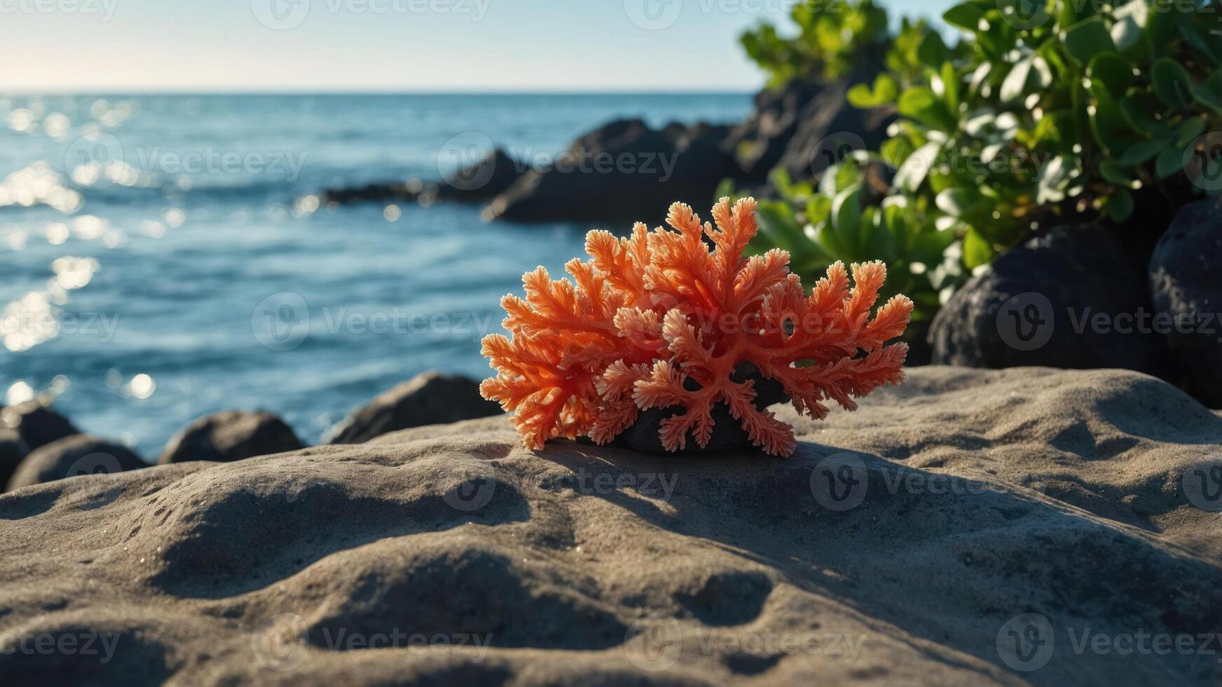 A vibrant coral sits atop a rocky surface by the ocean, surrounded by greenery. photo