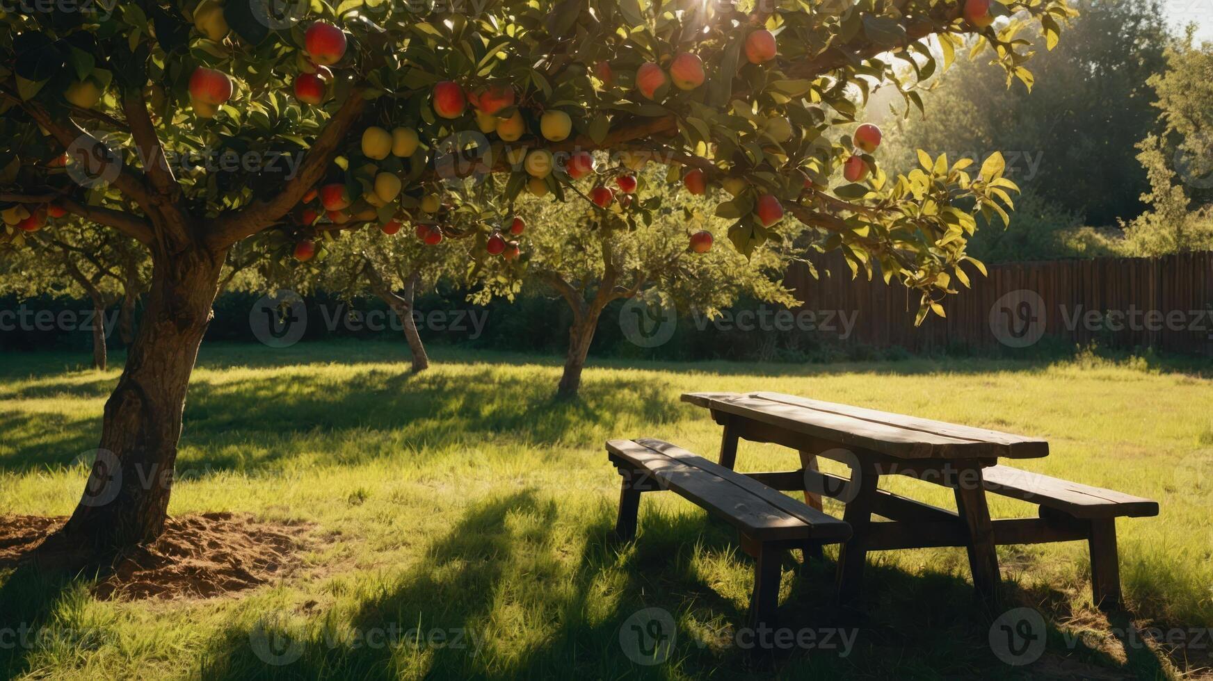 A serene apple orchard with a picnic table under sunlight. photo