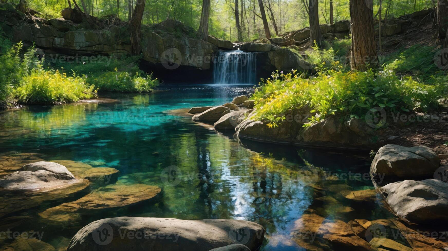 Serene forest scene with a waterfall and clear blue water reflecting nature's beauty. photo