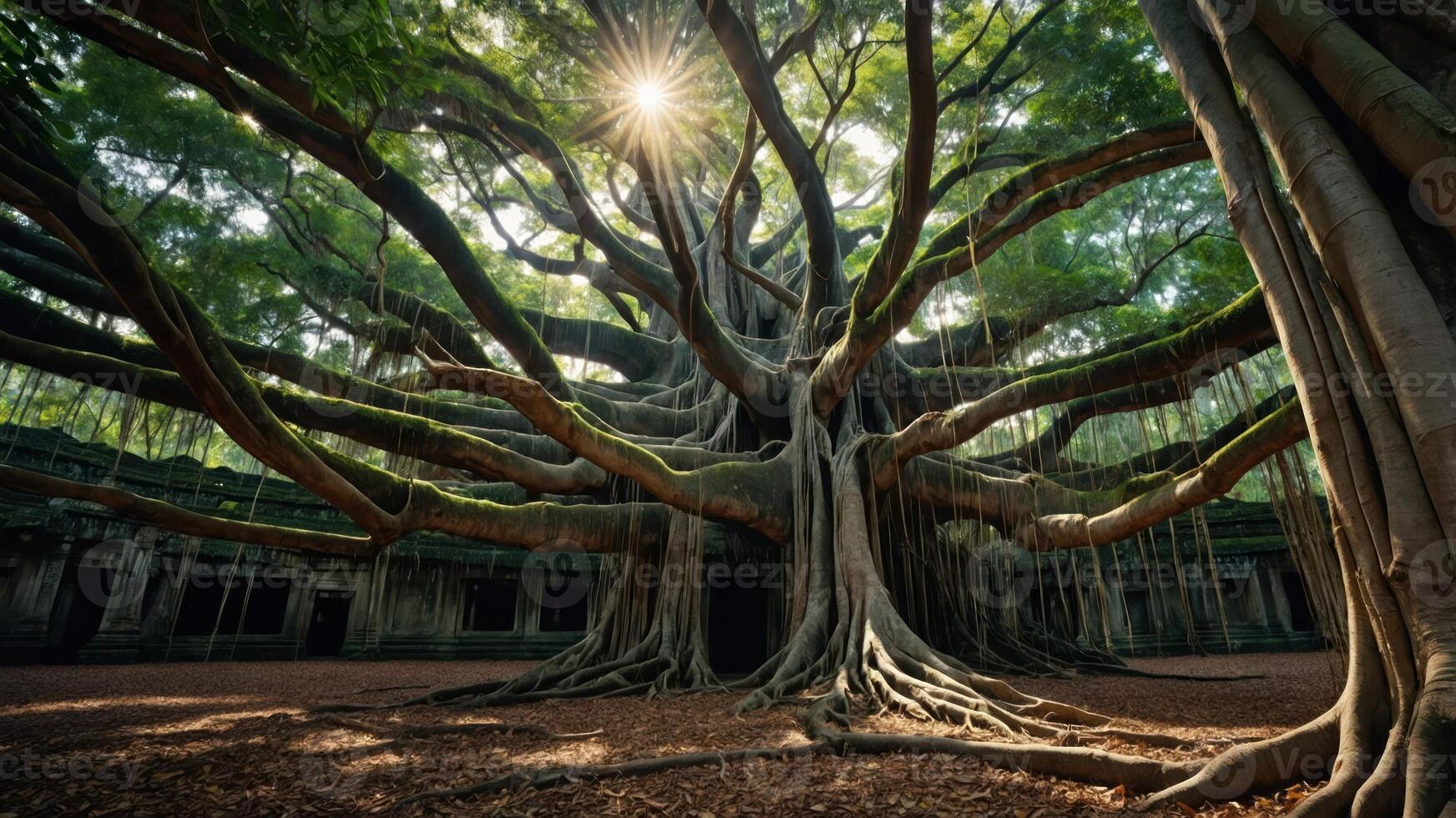 A majestic tree with sprawling roots and branches, illuminated by sunlight in a serene environment. photo