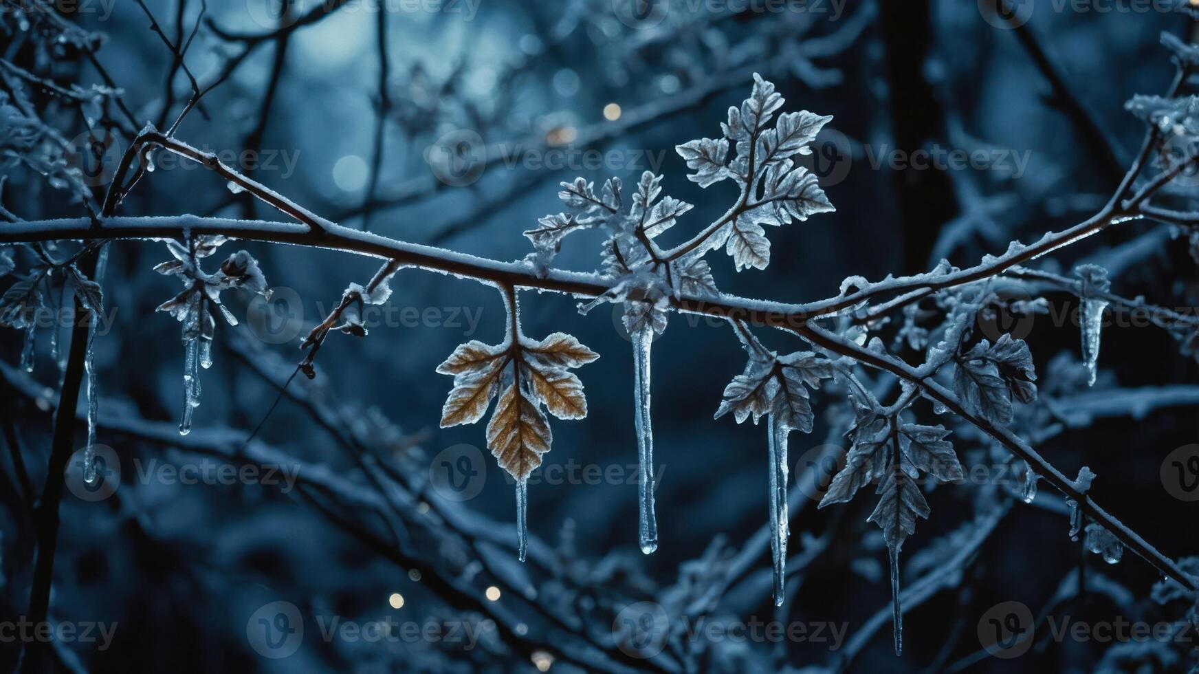 A frosty branch with icicles and a single autumn leaf, capturing winter's beauty. photo
